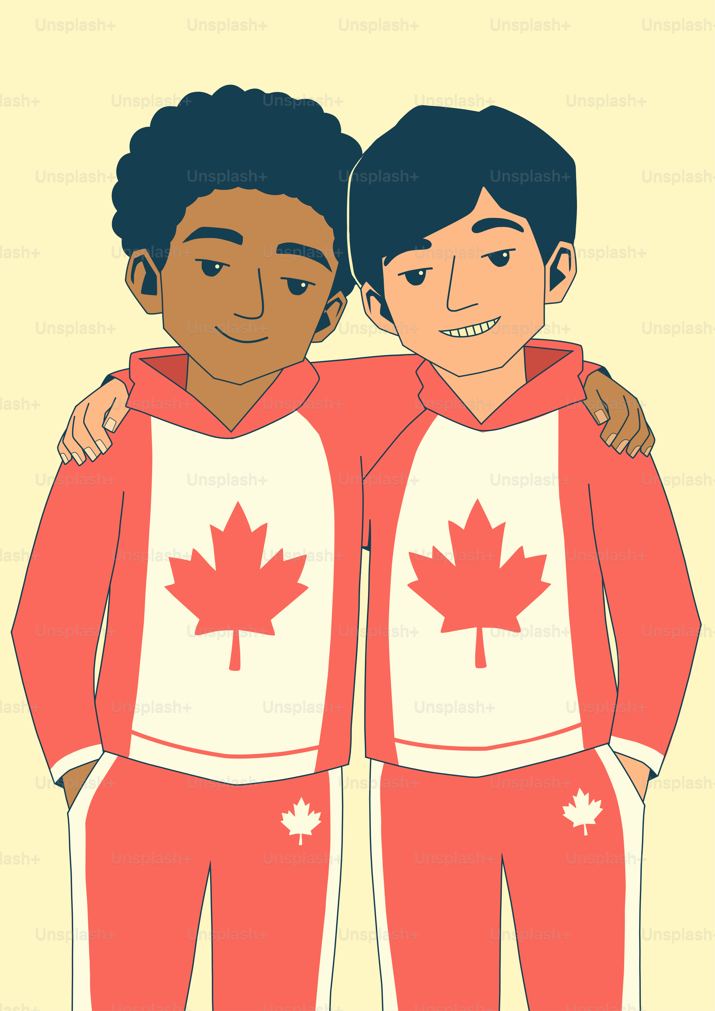 Deux garçons portant des survêtements rouges avec le drapeau canadien se tiennent ensemble.