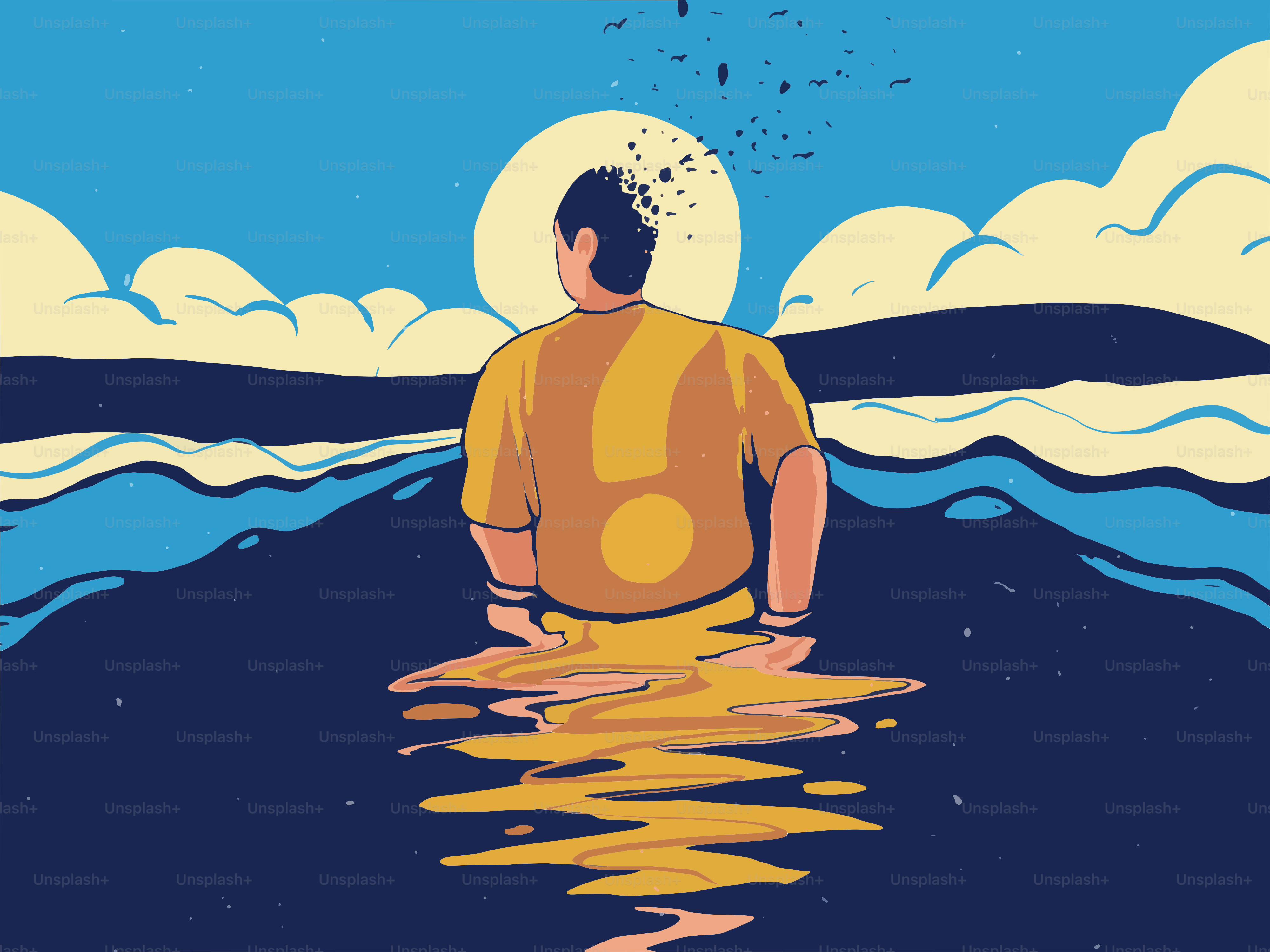Persona ilustrada en el agua frente a un sol brillante.