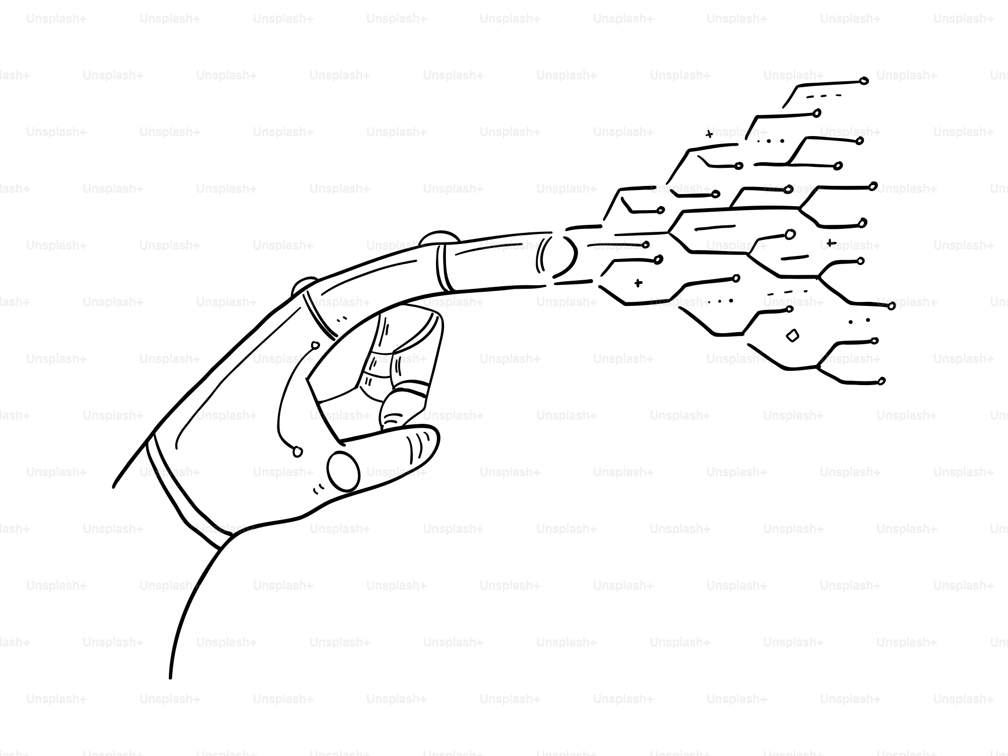 Uma mão cibernética aponta, emitindo um padrão de circuito digital.