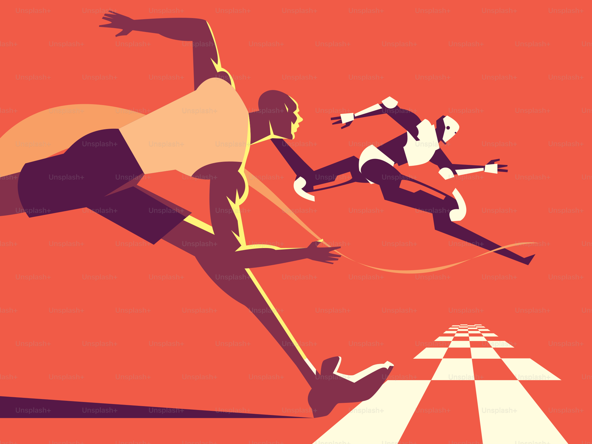 Human and robot racing towards a checkered finish line
