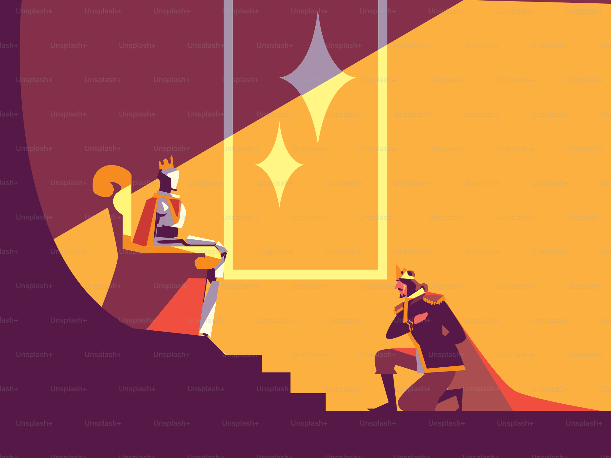 King on throne, man kneeling in spotlight - Vector Illustration on ...