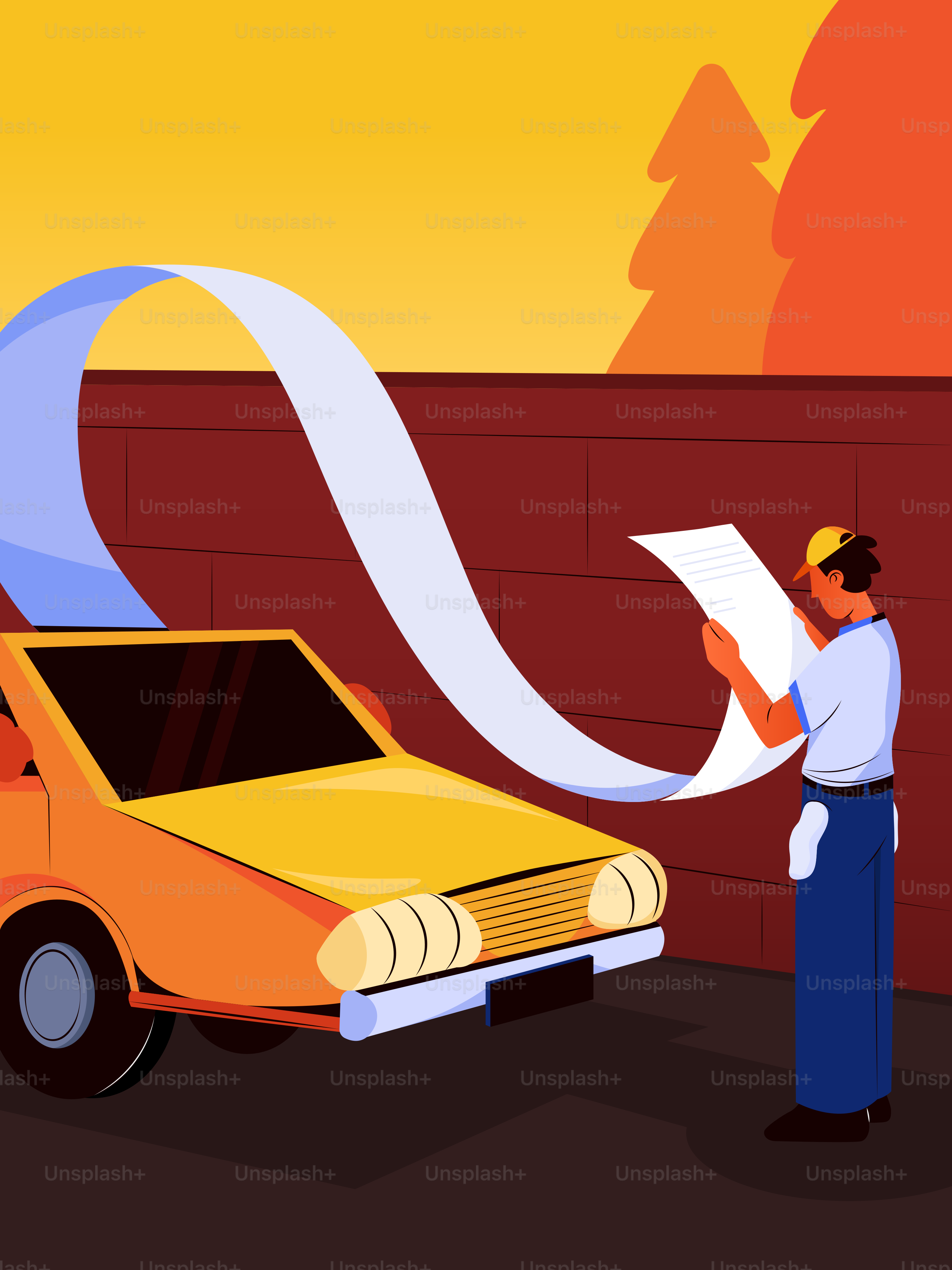 Hombre revisando una larga lista de servicio para un coche amarillo.