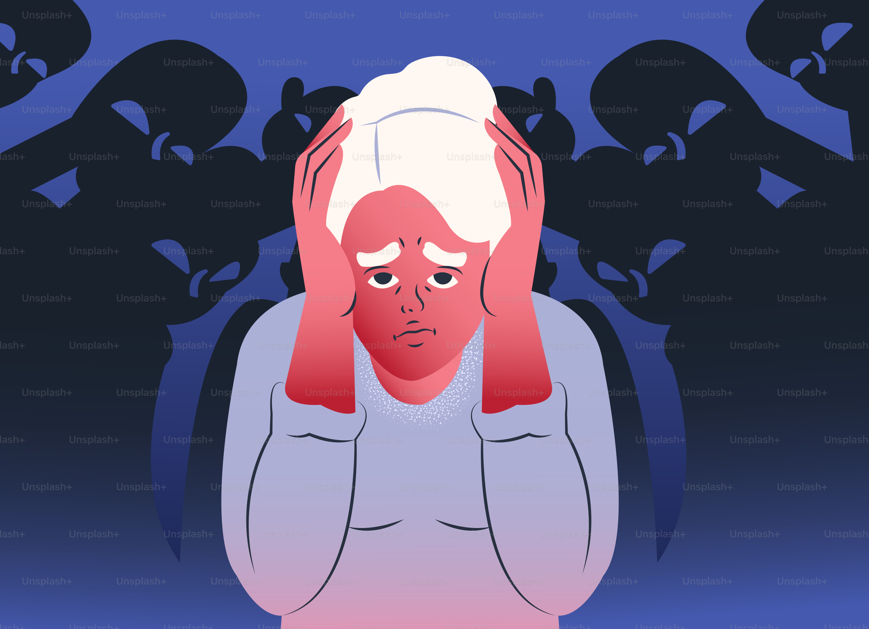 Persona ansiosa circondata da figure oscure e minacciose.