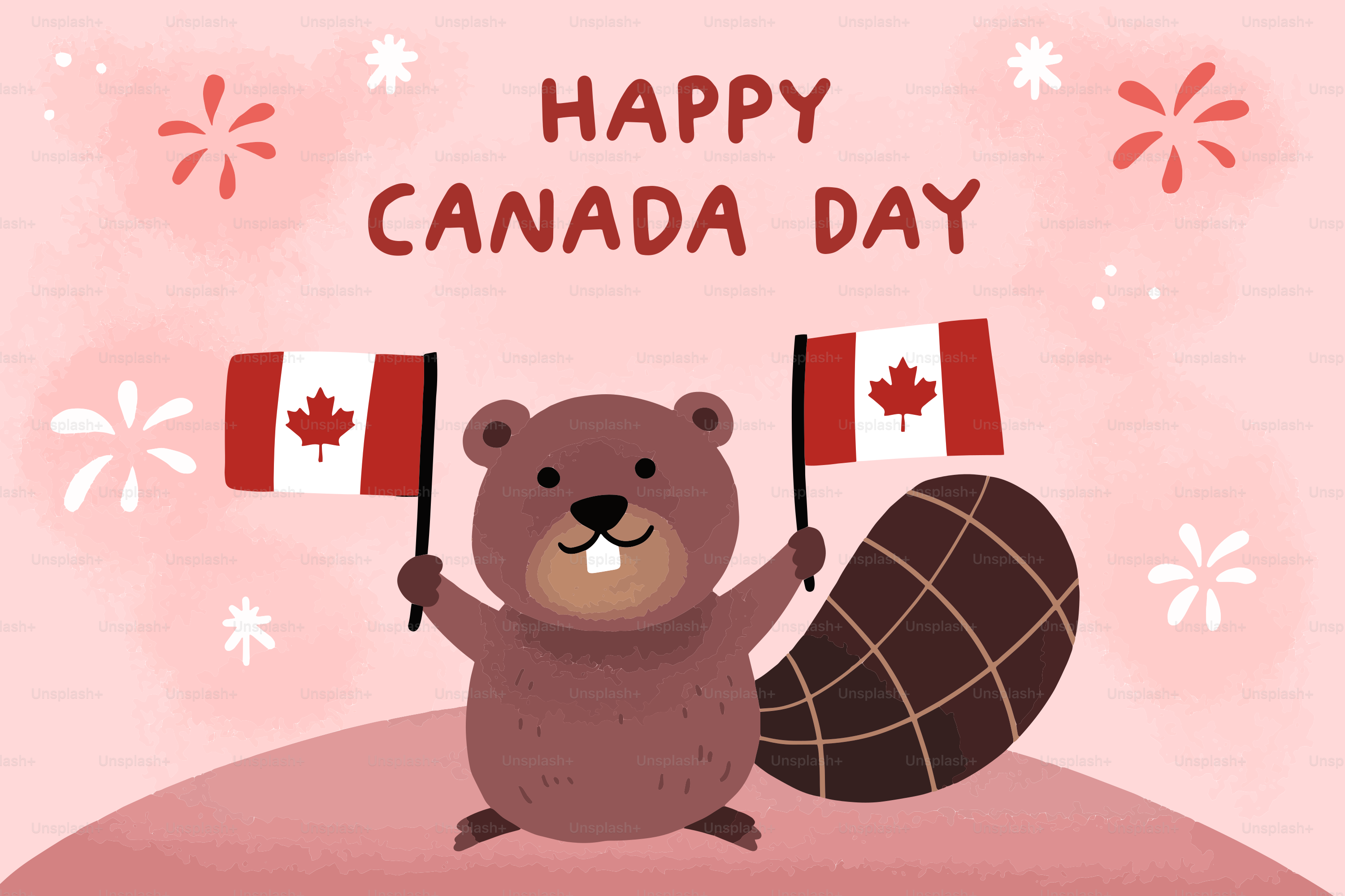 Castor de desenho animado segurando bandeiras canadenses com texto "Feliz Dia do Canadá".