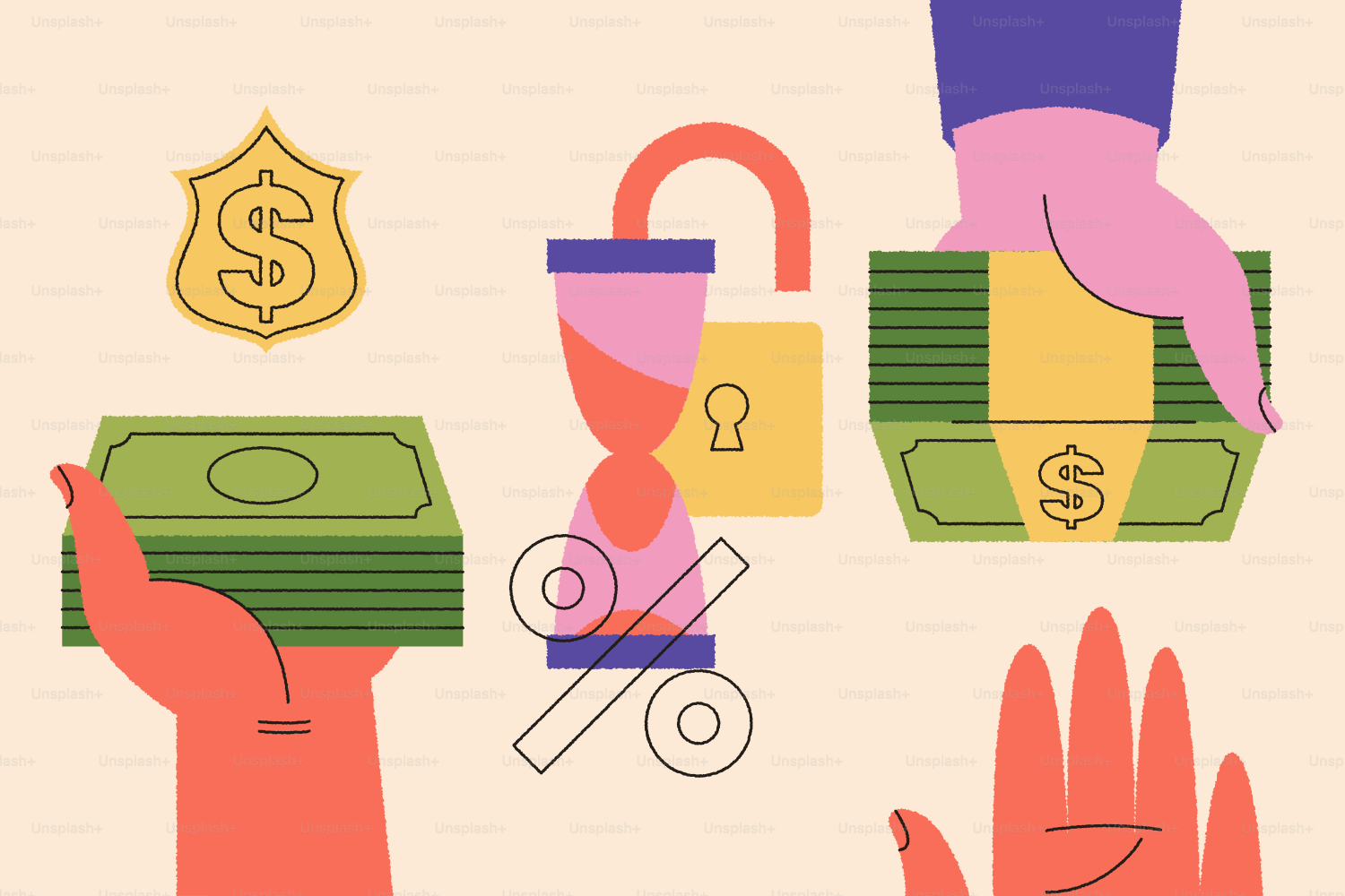 Ilustração financeira com mãos, dinheiro, escudo, ampulheta e cadeado.