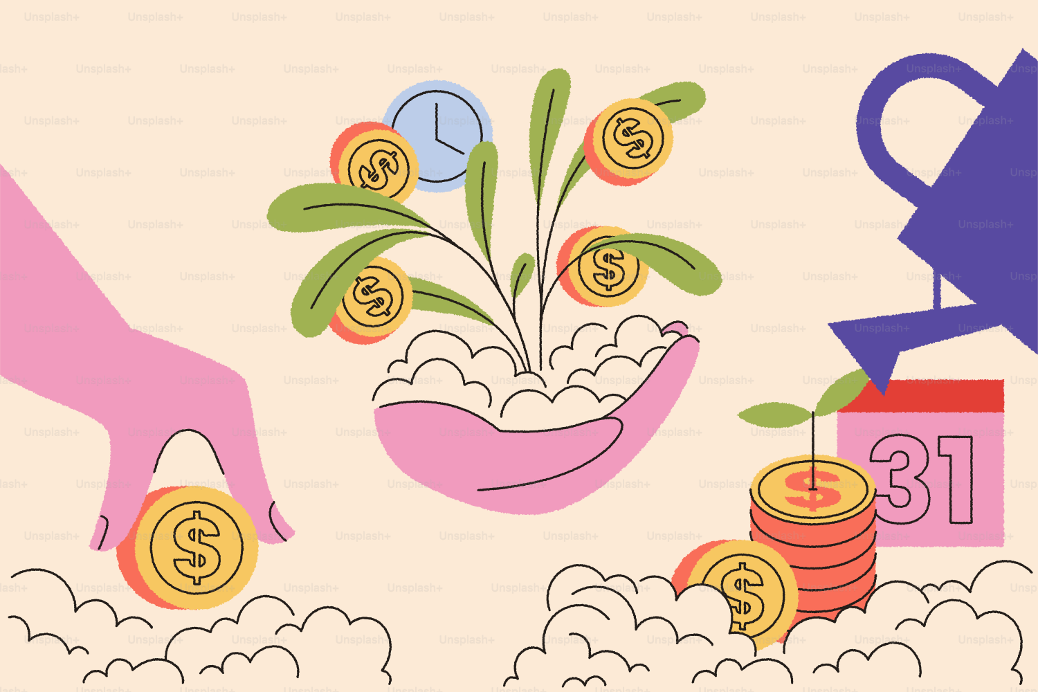 Plantas de dinheiro que cuidam à mão com moedas e regador.
