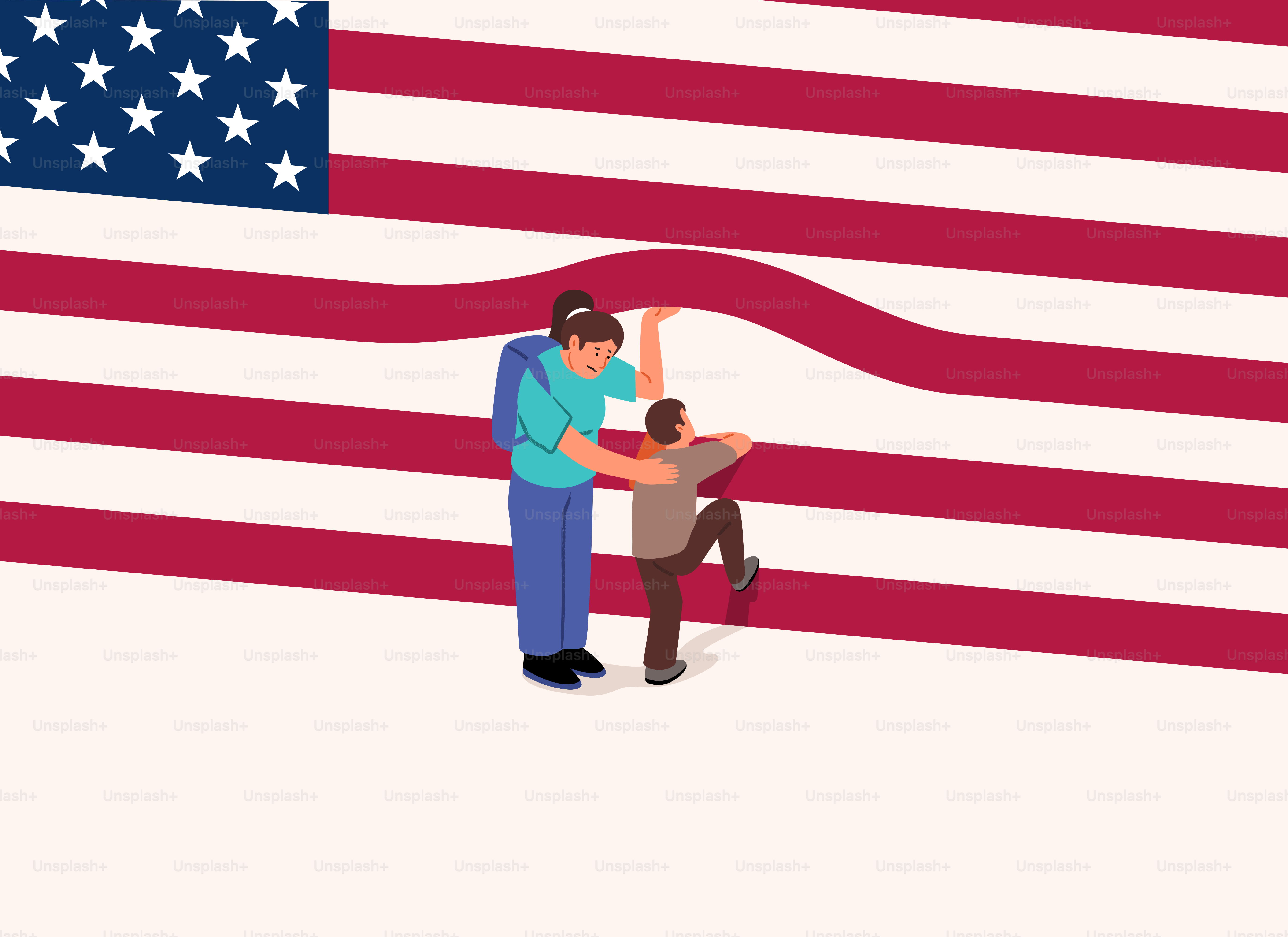 大人が子供を助けてアメリカ国旗の前に登らせる。