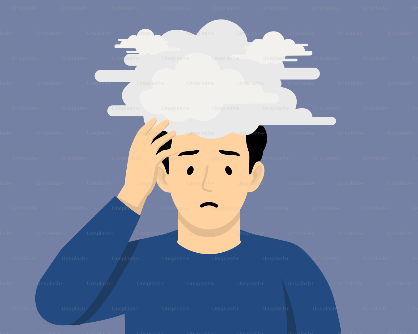 頭上に雲をかぶった男、悩んでいる様子。