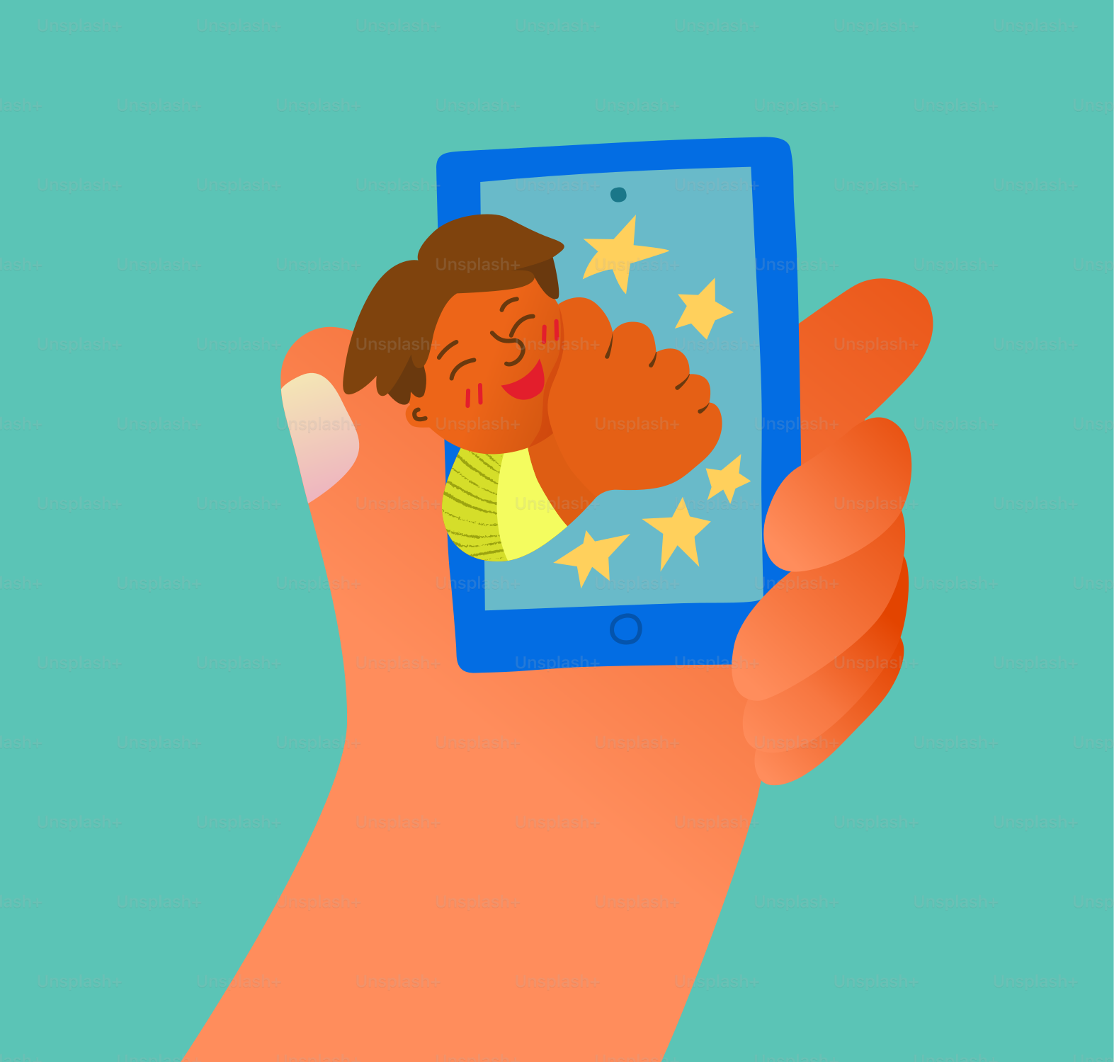 スマートフォンを手に持つと、笑顔の子供と星が映し出されています。