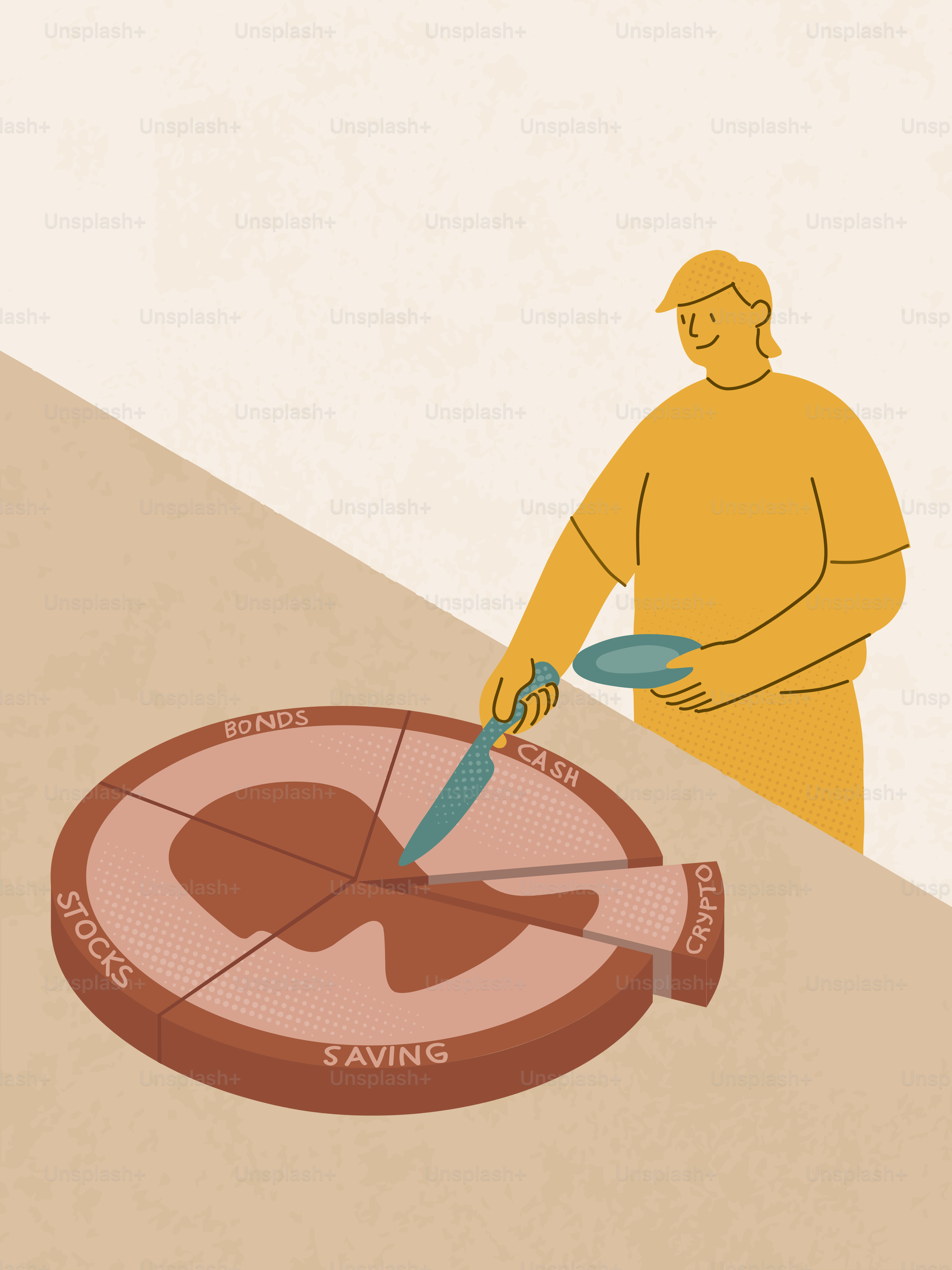 Persona que divide un gráfico circular financiero en categorías de inversión.