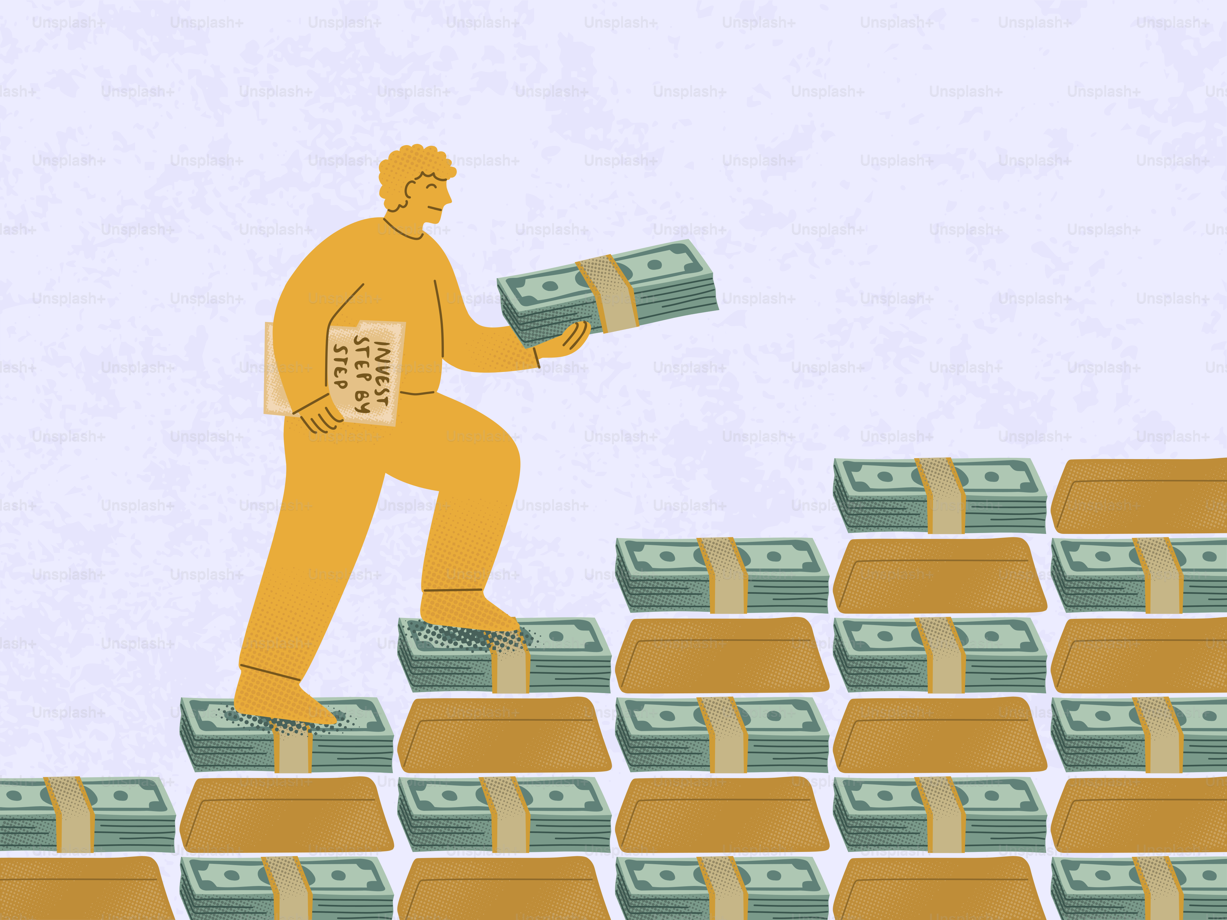 El hombre sube escaleras de dinero y oro con el libro de riquezas.
