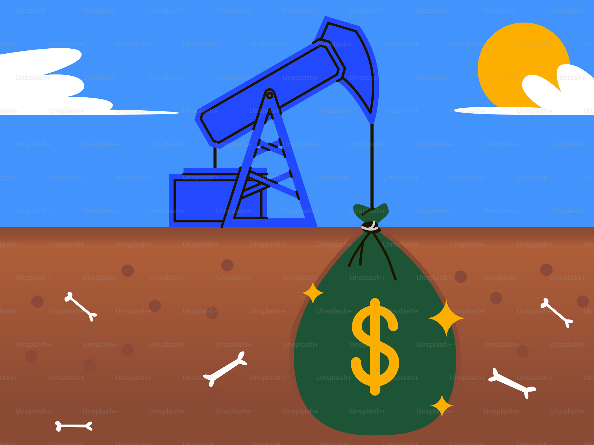 Blue oil pump pulling money bag from underground with bones.