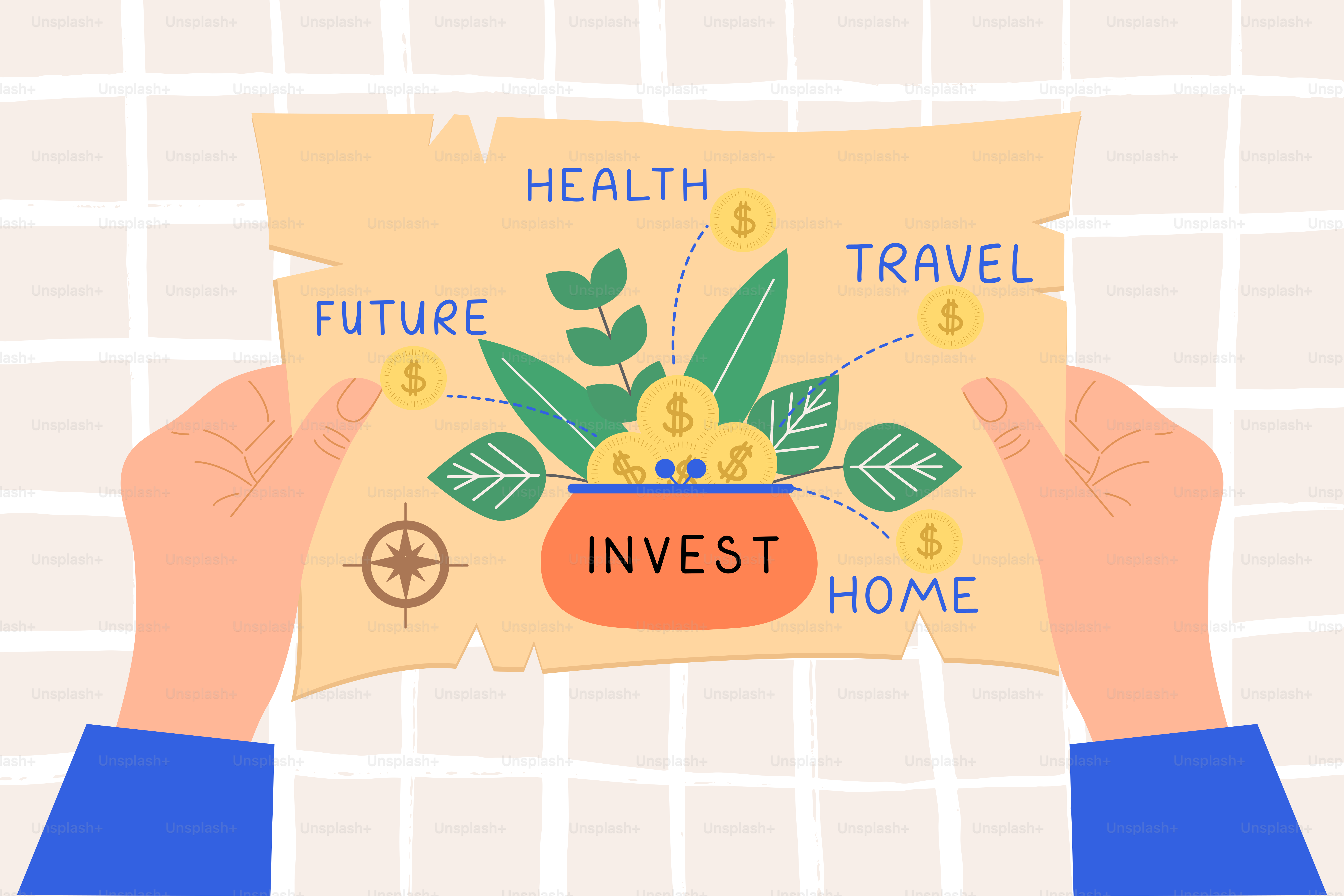 Mãos segurando um mapa de investimento financeiro com metas.