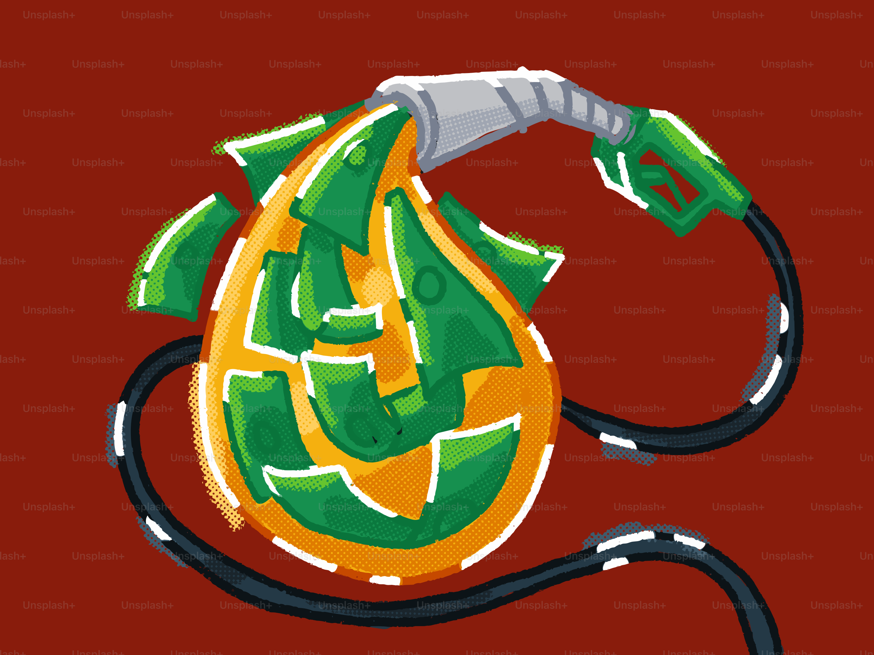 Bomba de gasolina llenando una gota de combustible en forma de dinero en rojo.