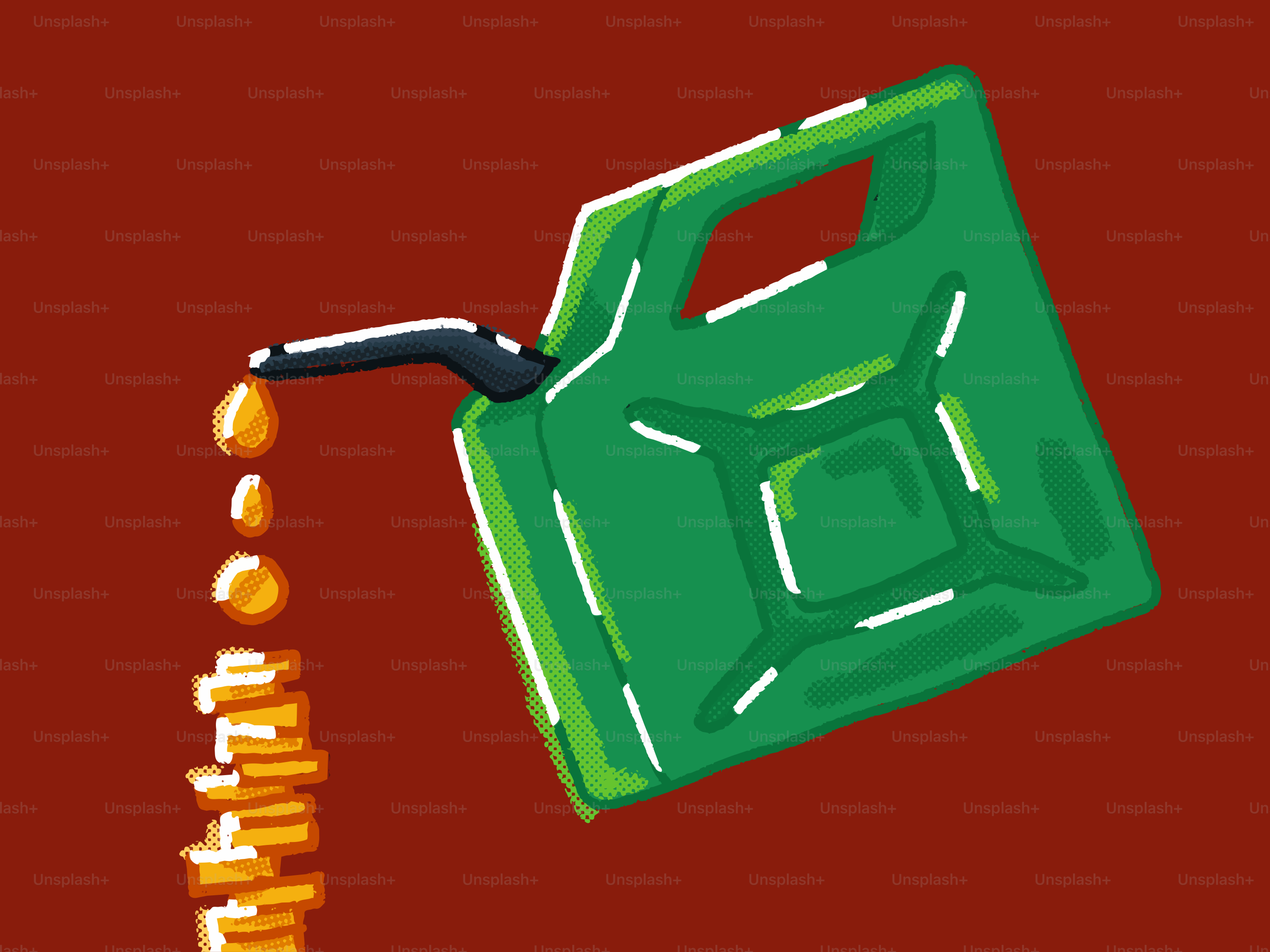 緑のジェリー缶は赤い背景に金貨を注ぎます。