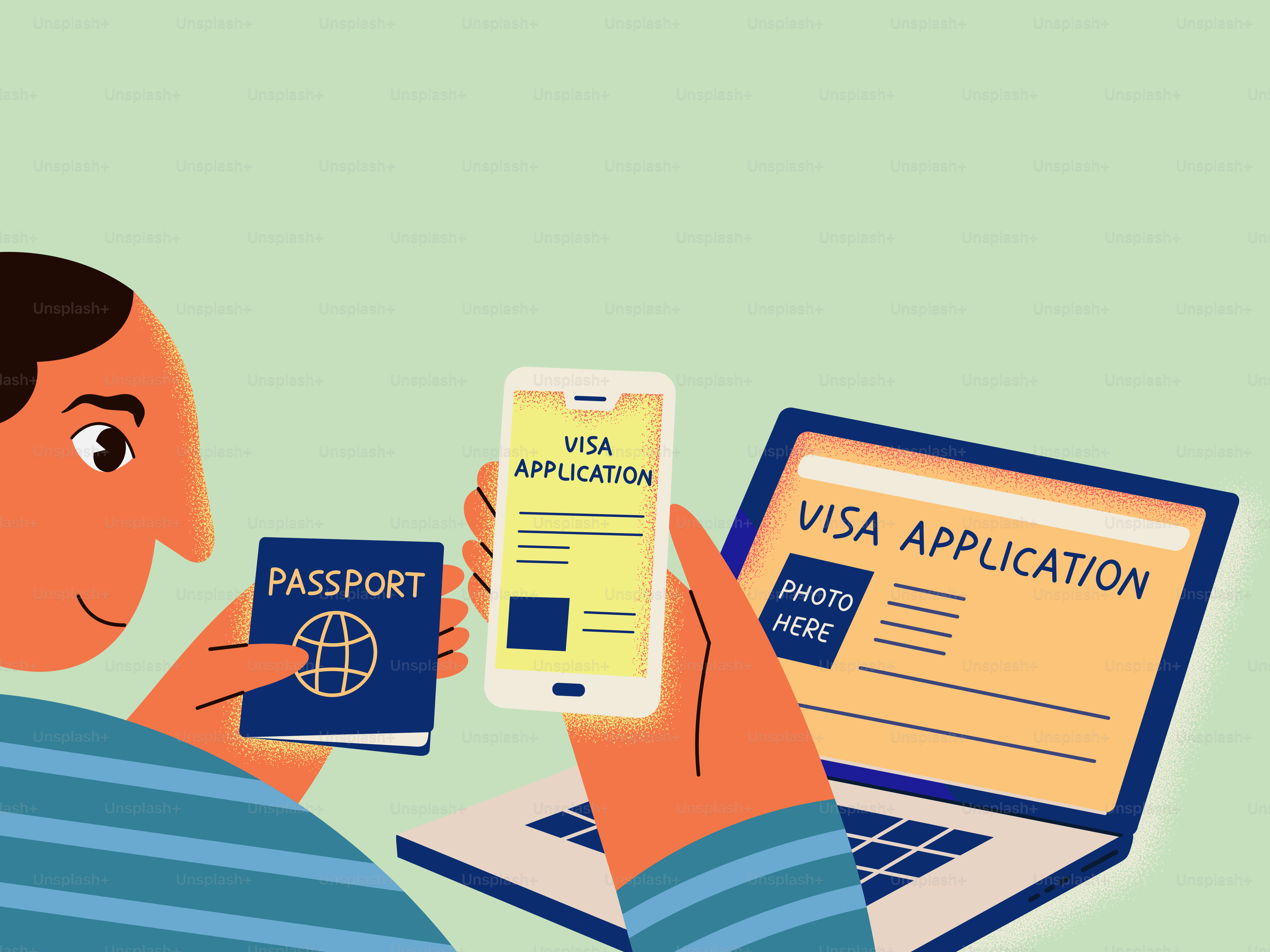 La persona solicita un visado online con pasaporte y dispositivos.