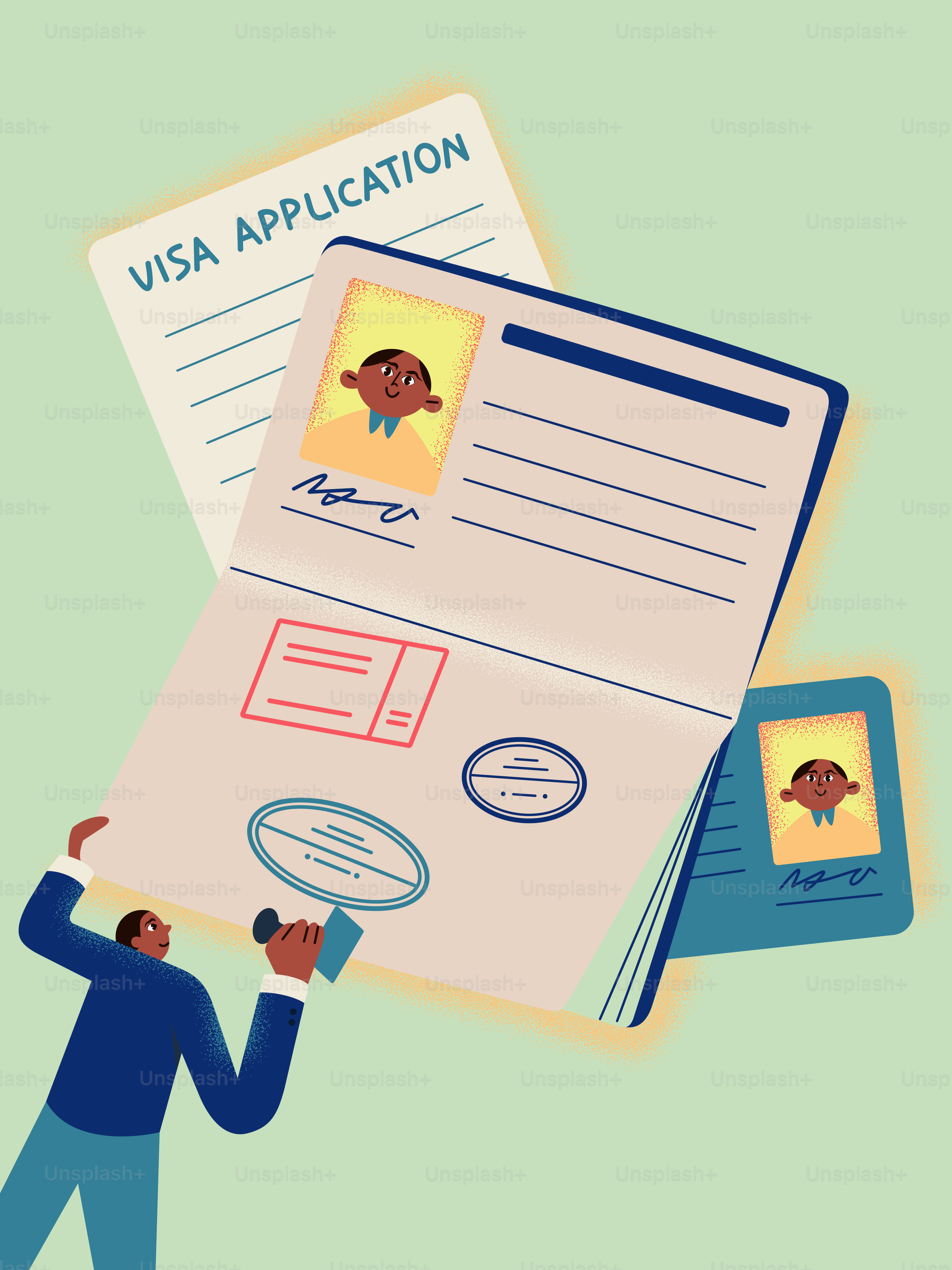 A person stamps a passport next to a visa application.