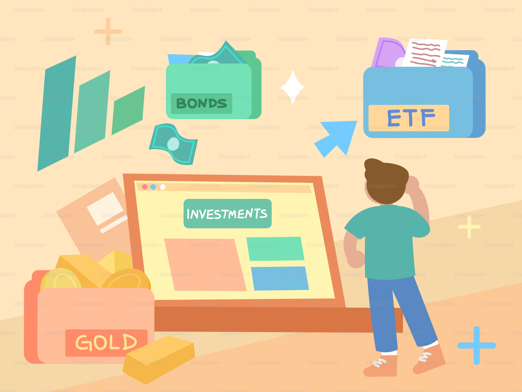 Man analyzing investment options including gold, bonds, and etfs