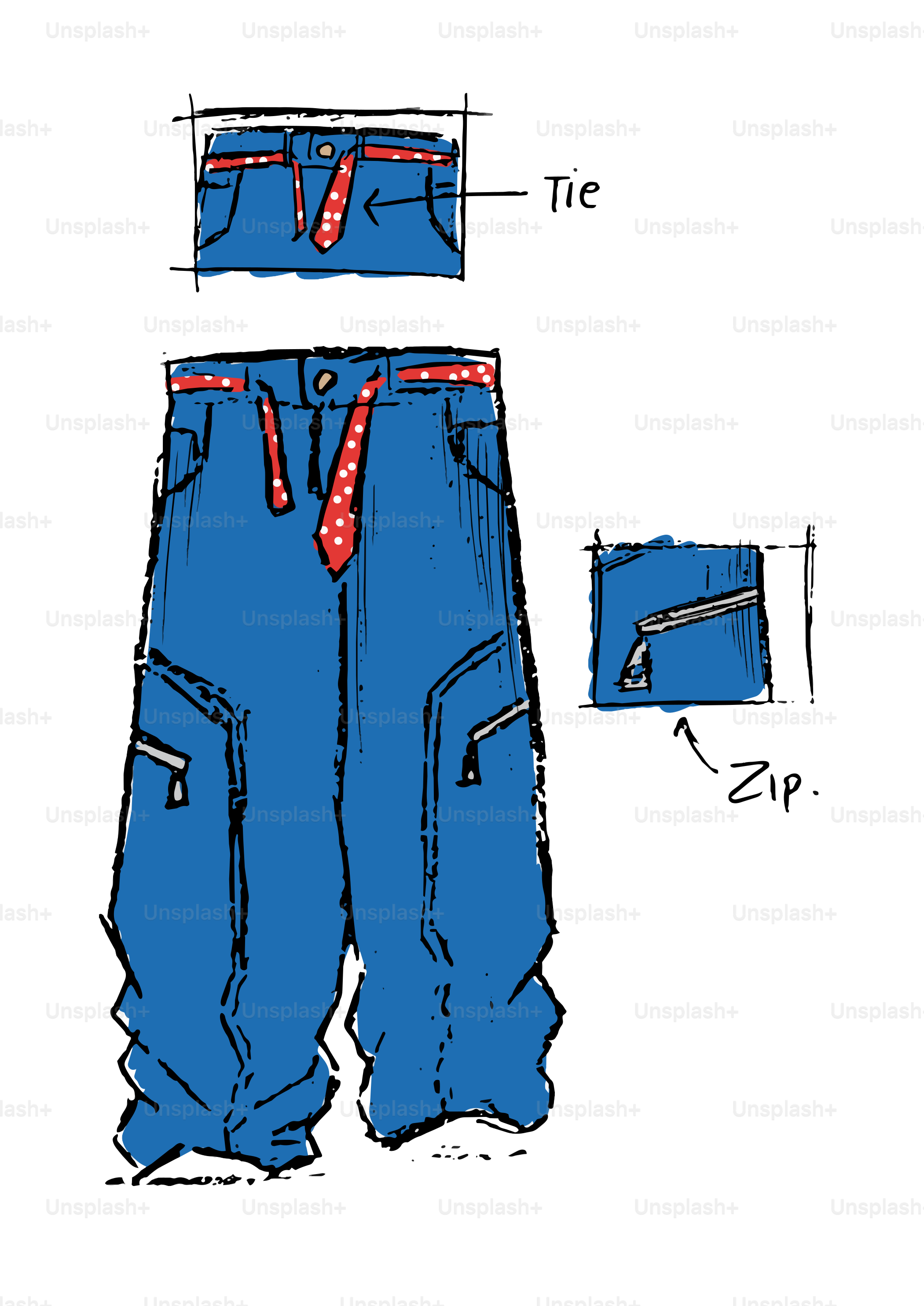 Schizzo di pantaloni cargo blu con cravatta a pois rossi.