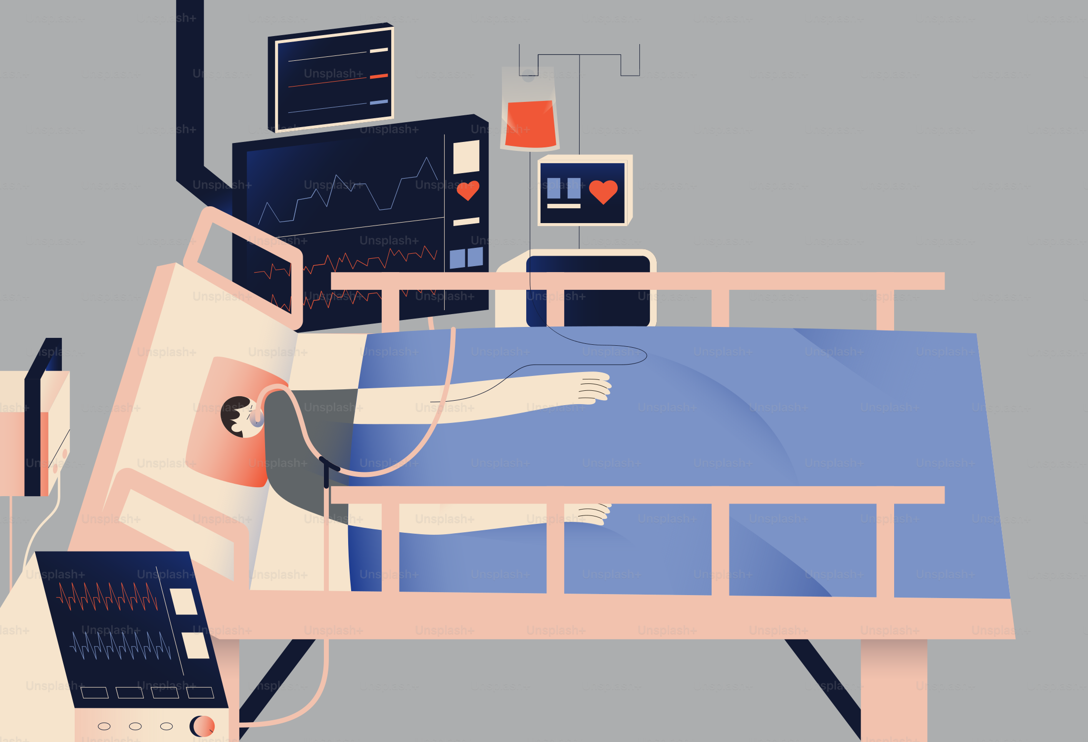 Um paciente em uma cama de hospital com equipamentos de monitoramento médico.