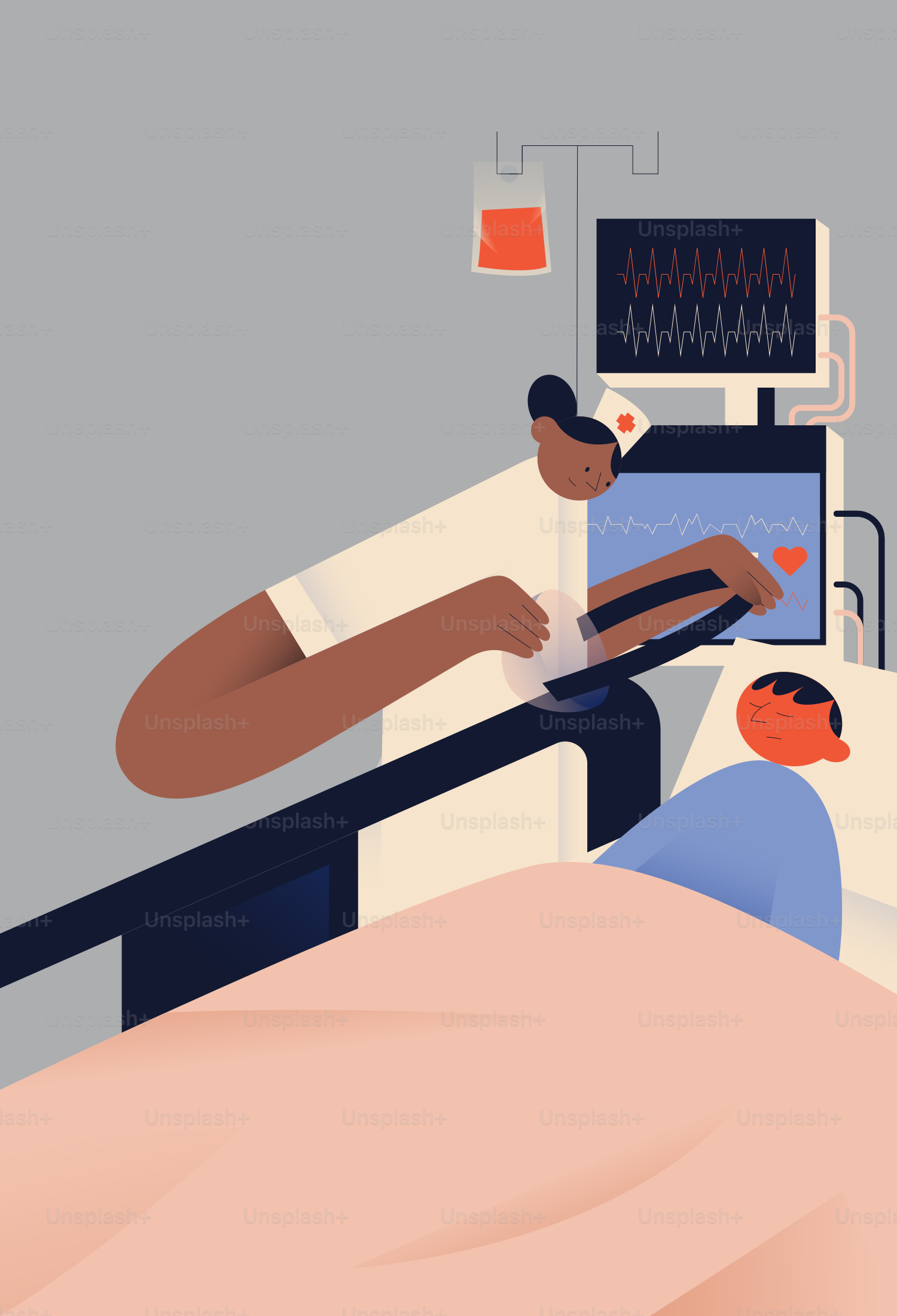 Enfermeira monitora o paciente com equipamentos médicos.