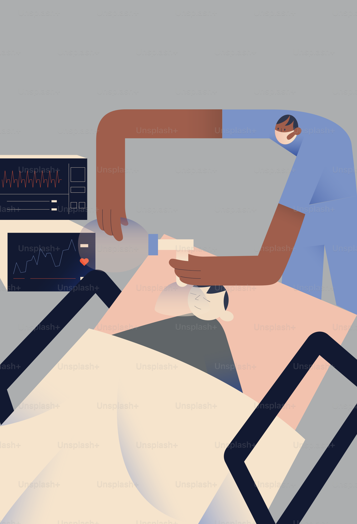 Profissional médico que atende um paciente com monitores de sinais vitais.