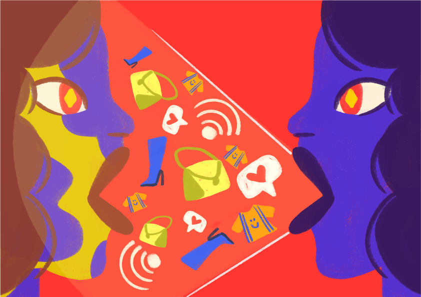 Dua sosok bergaya membahas mode dan komunikasi digital.