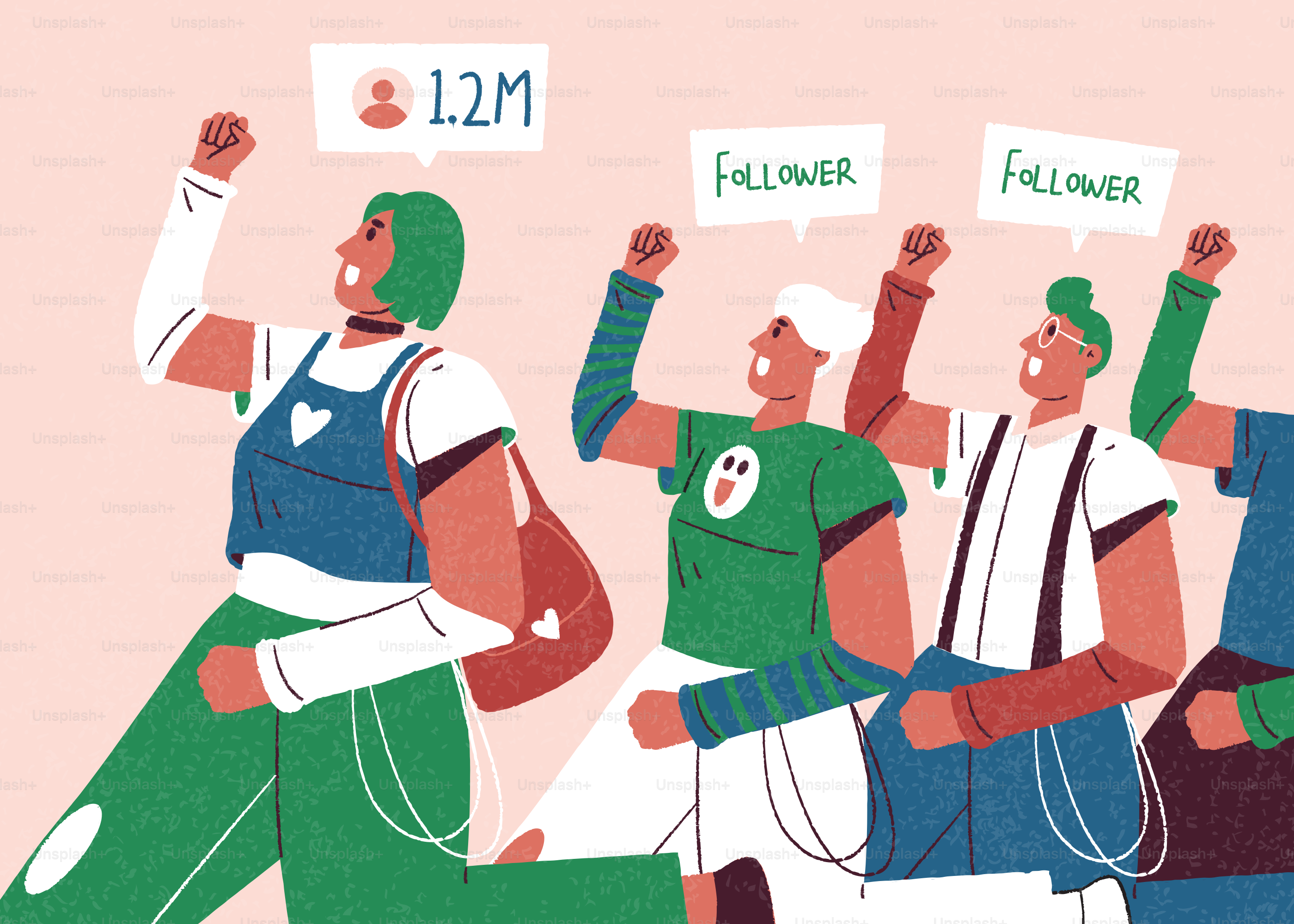 多様な人々がソーシャルメディアのフォロワーバブルで拳を上げています。