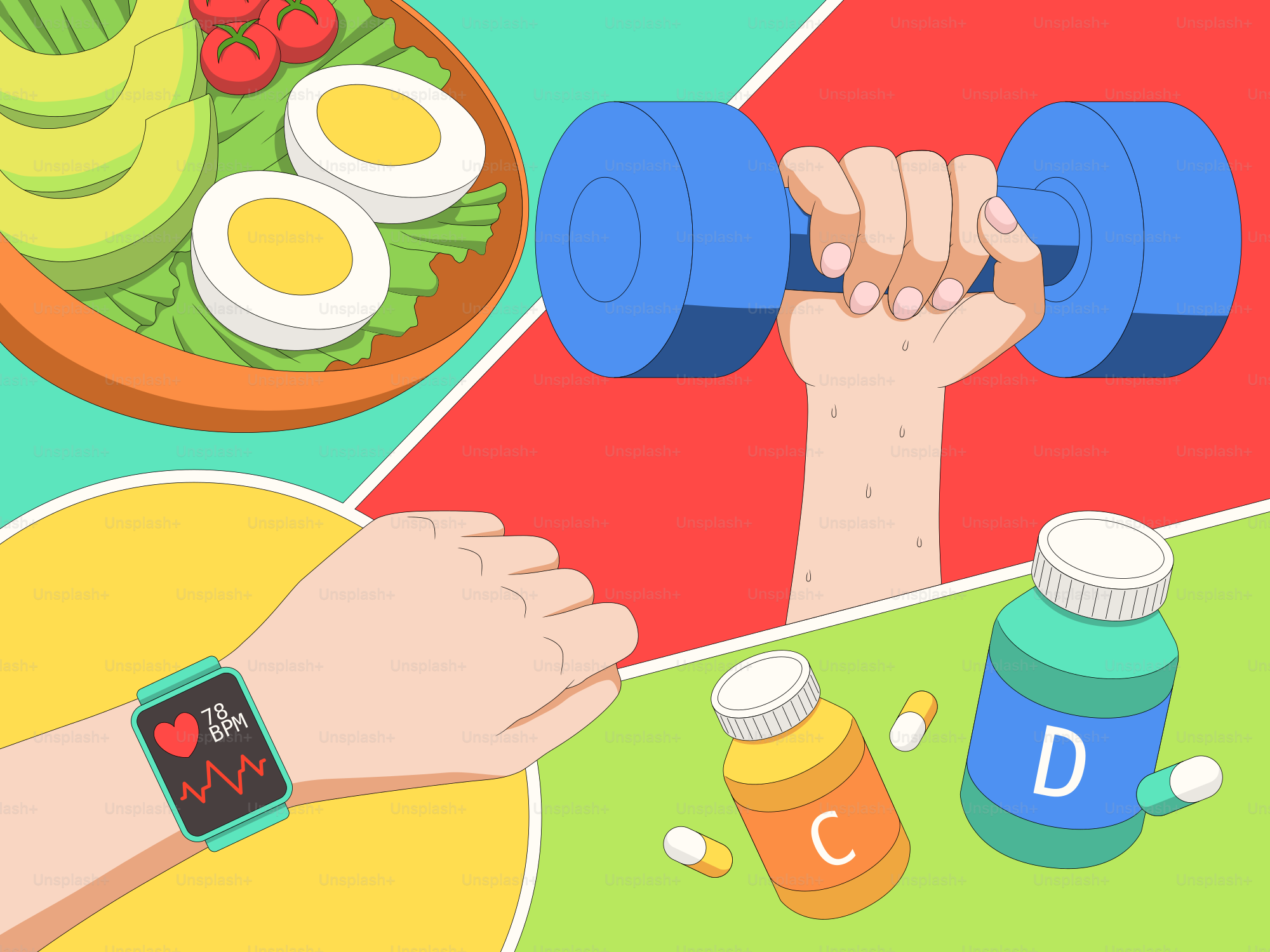 Makanan sehat, olahraga, jam tangan pintar, dan vitamin untuk kesehatan.