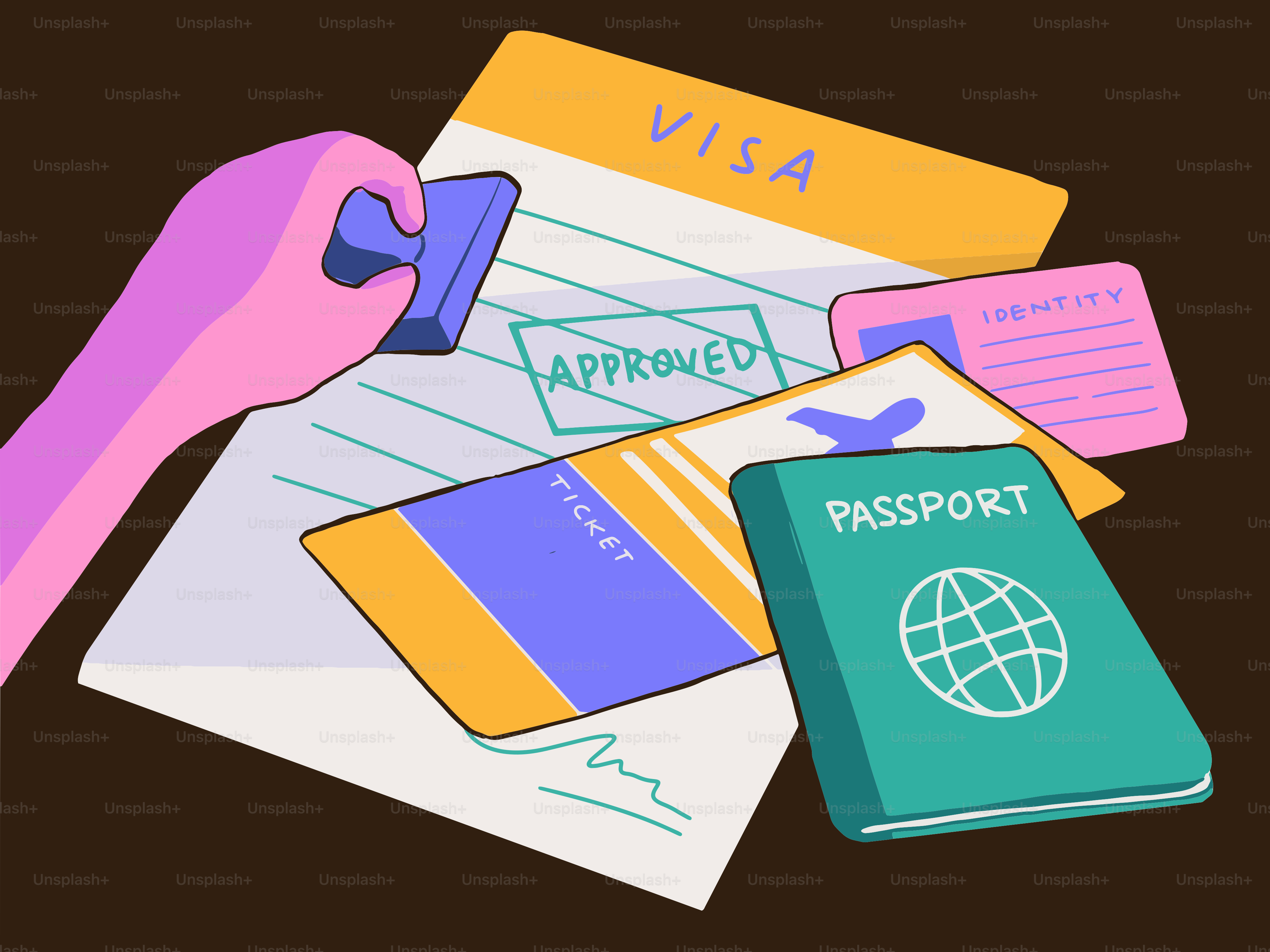 Hand stamping an approved visa document with passport and ticket.