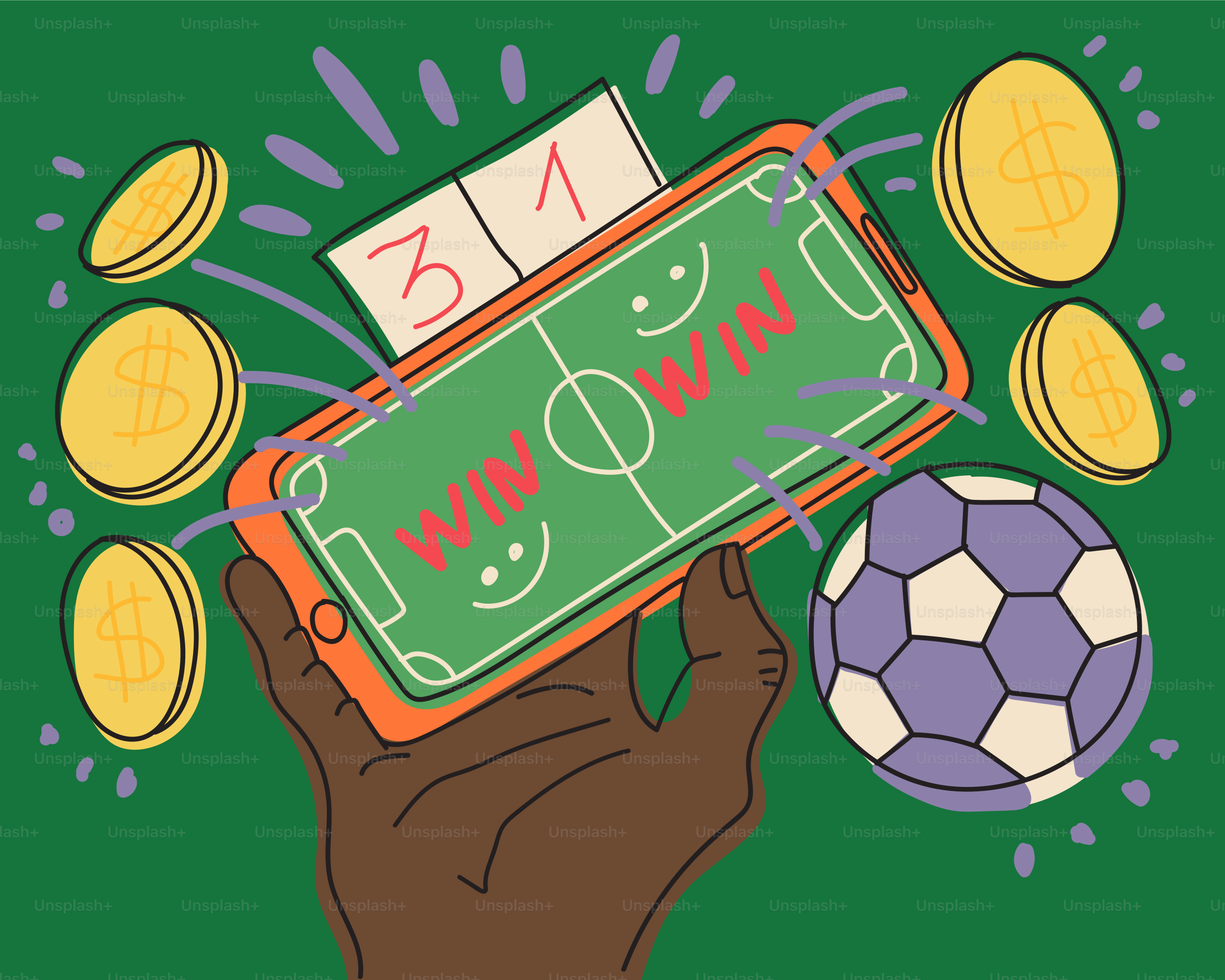 손에는 축구장, 공, 동전, 점수판이 표시된 휴대폰이 있습니다.