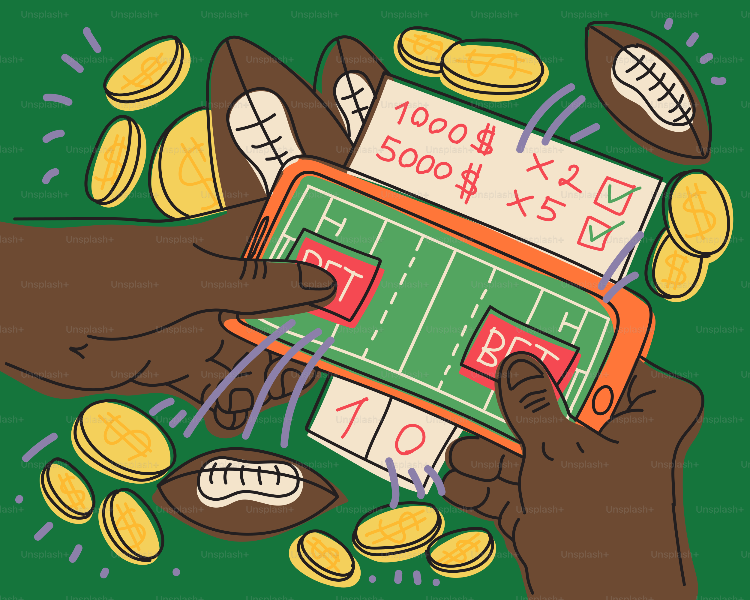 스마트폰, 동전, 슬립으로 축구 베팅을 하는 손들.