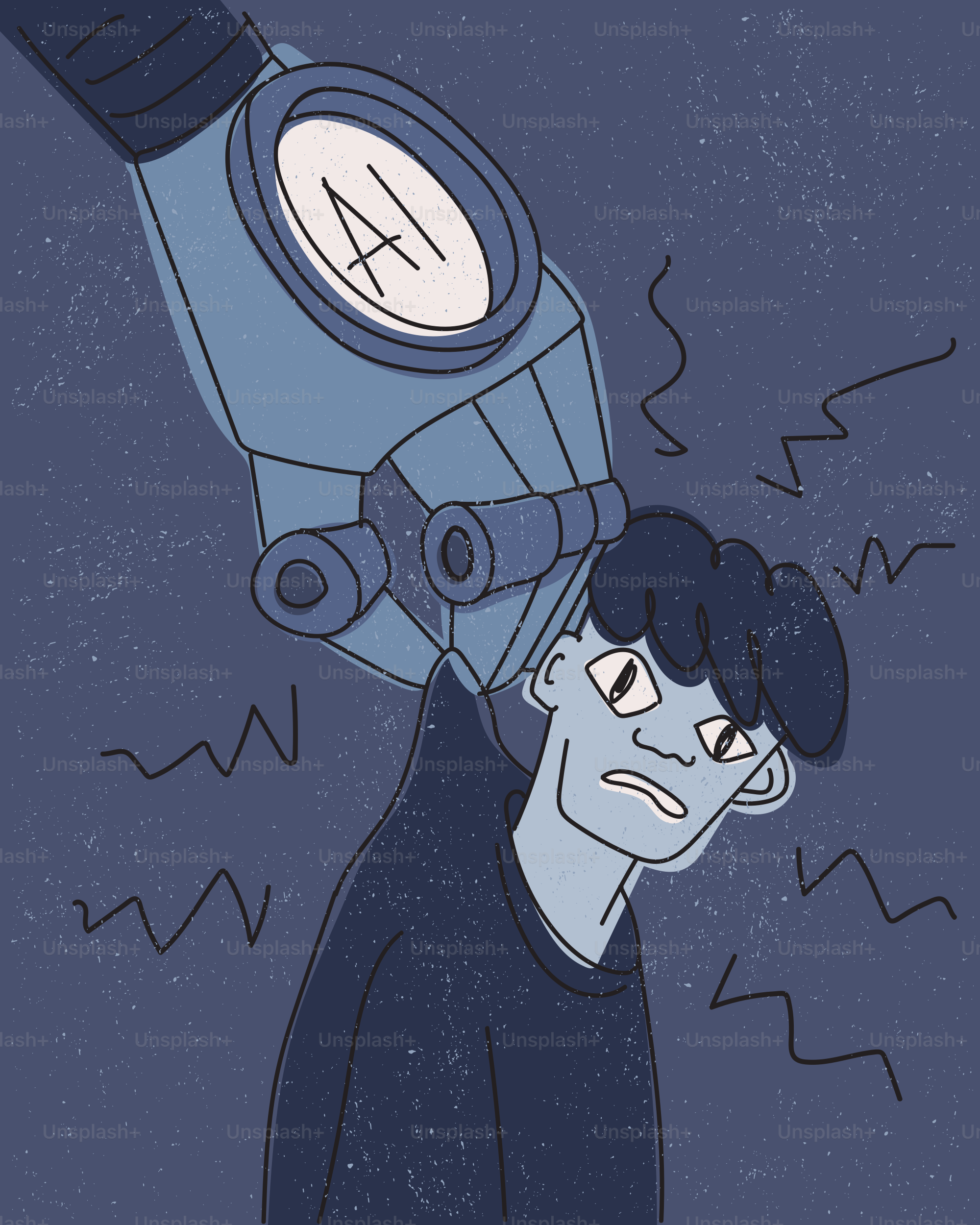 AI 로봇 손이 남자의 머리를 눌러 괴로움을 주는 장면.