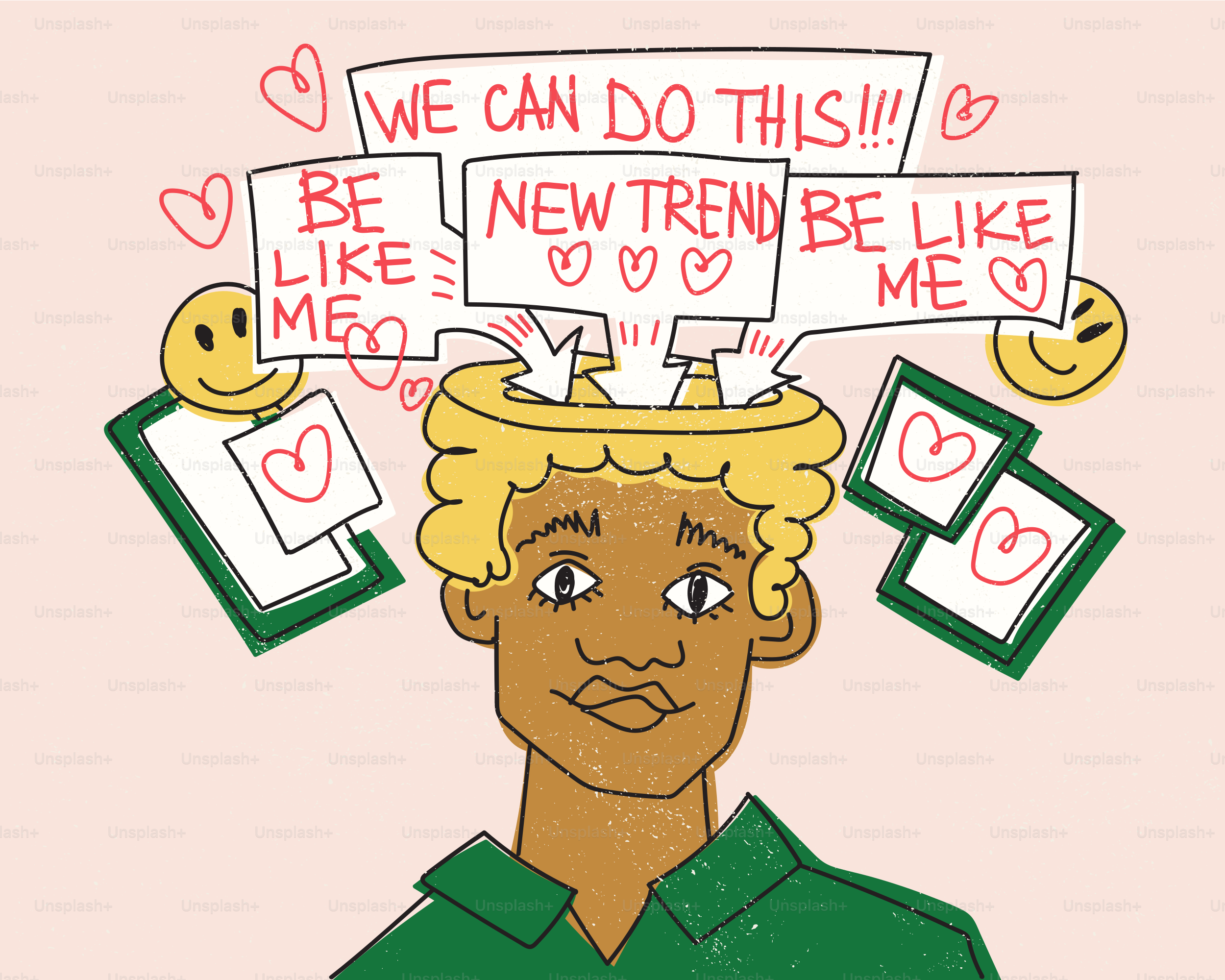 트렌드와 영향력에 관한 말풍선이 있는 사람의 머릿속.