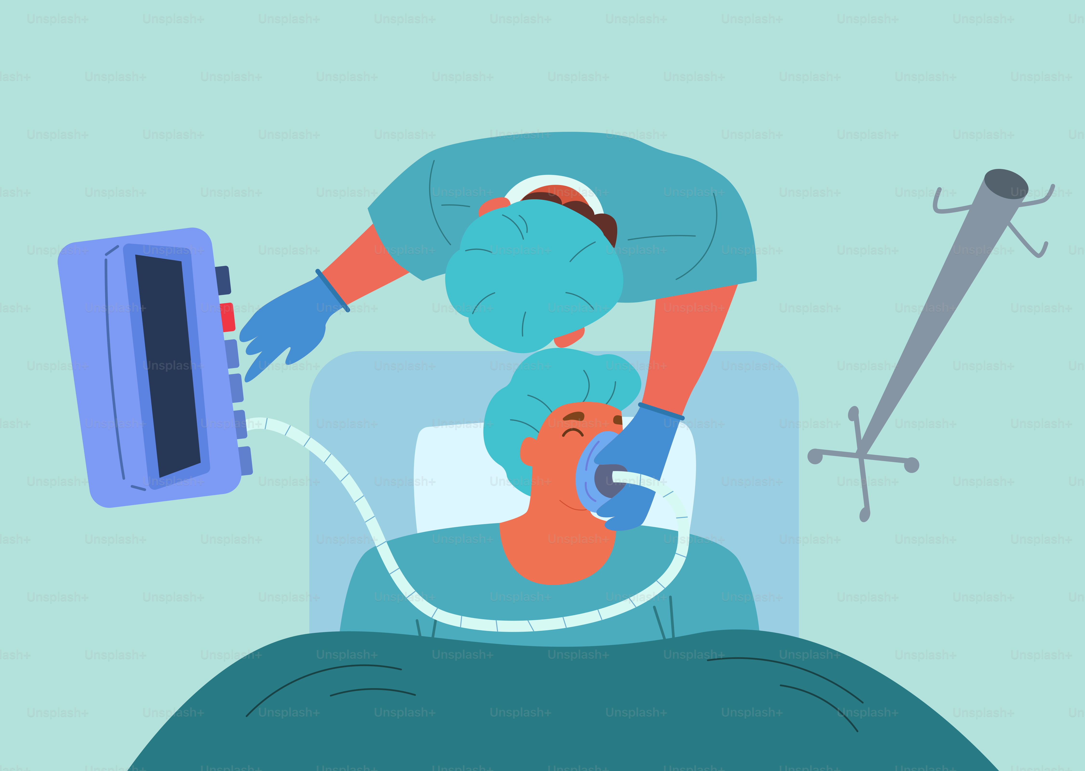Doctor attending patient with mask and medical device