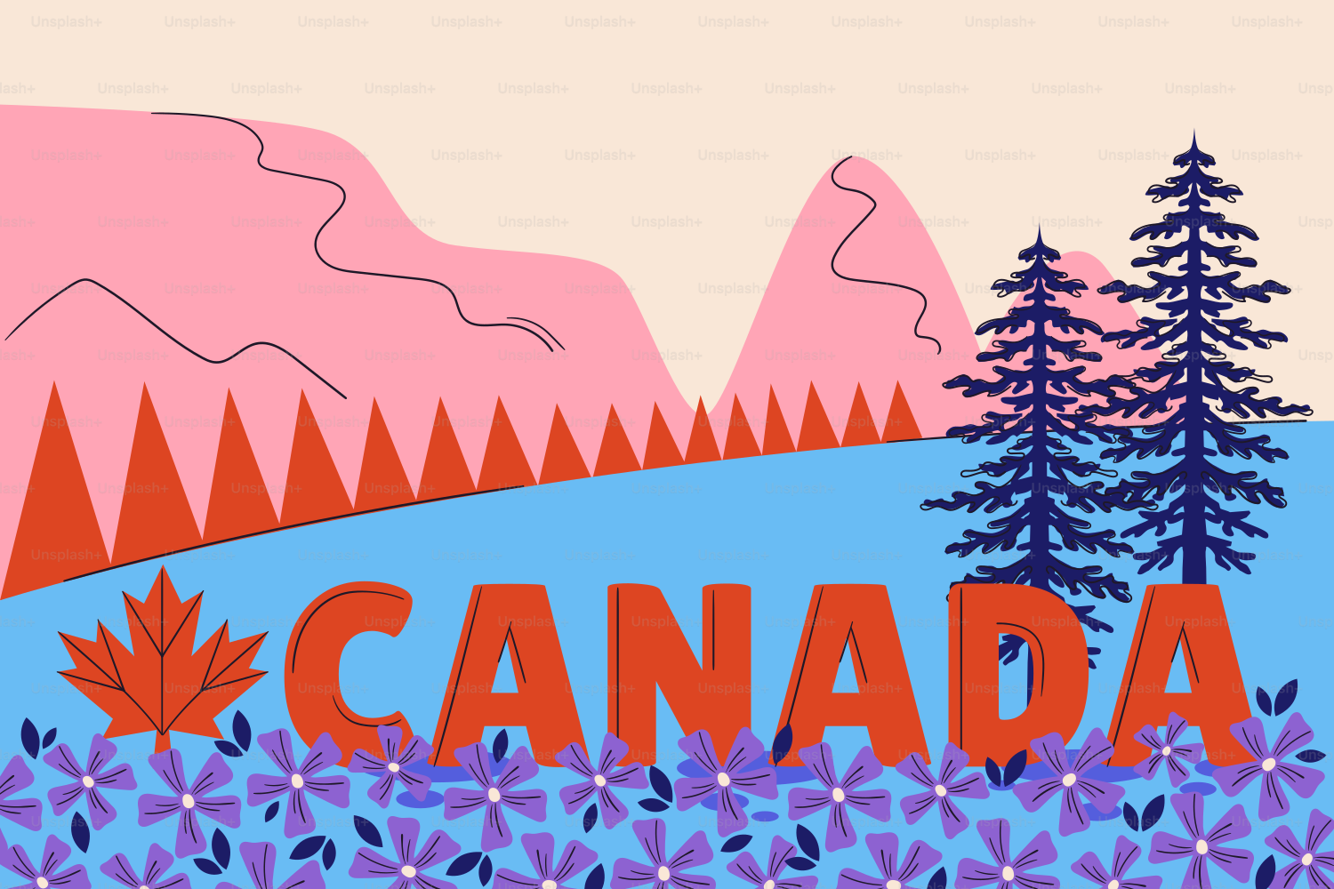 Paisagem canadense estilizada com montanhas, árvores, flores e texto 'canadá'.