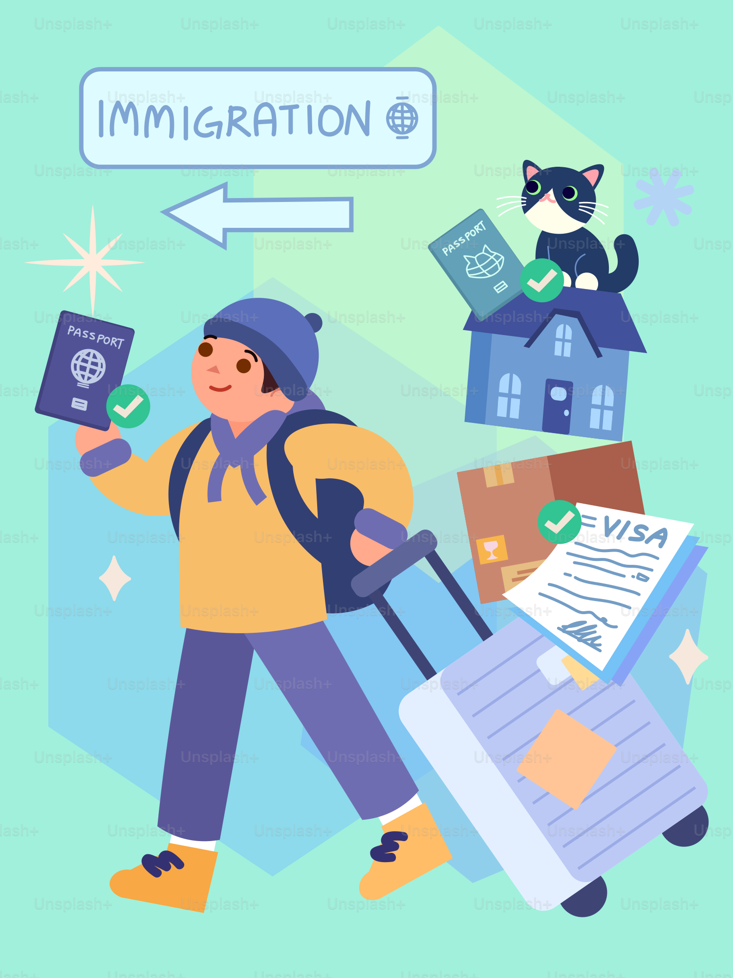Pessoa de desenho animado com passaporte e bagagem para imigração.