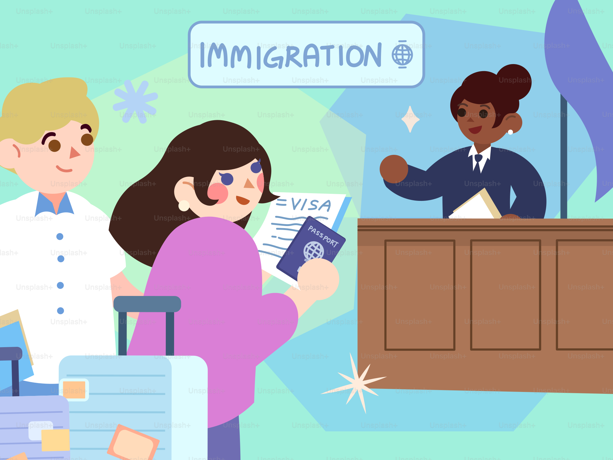 Casal no balcão de imigração apresentando passaportes e visto.