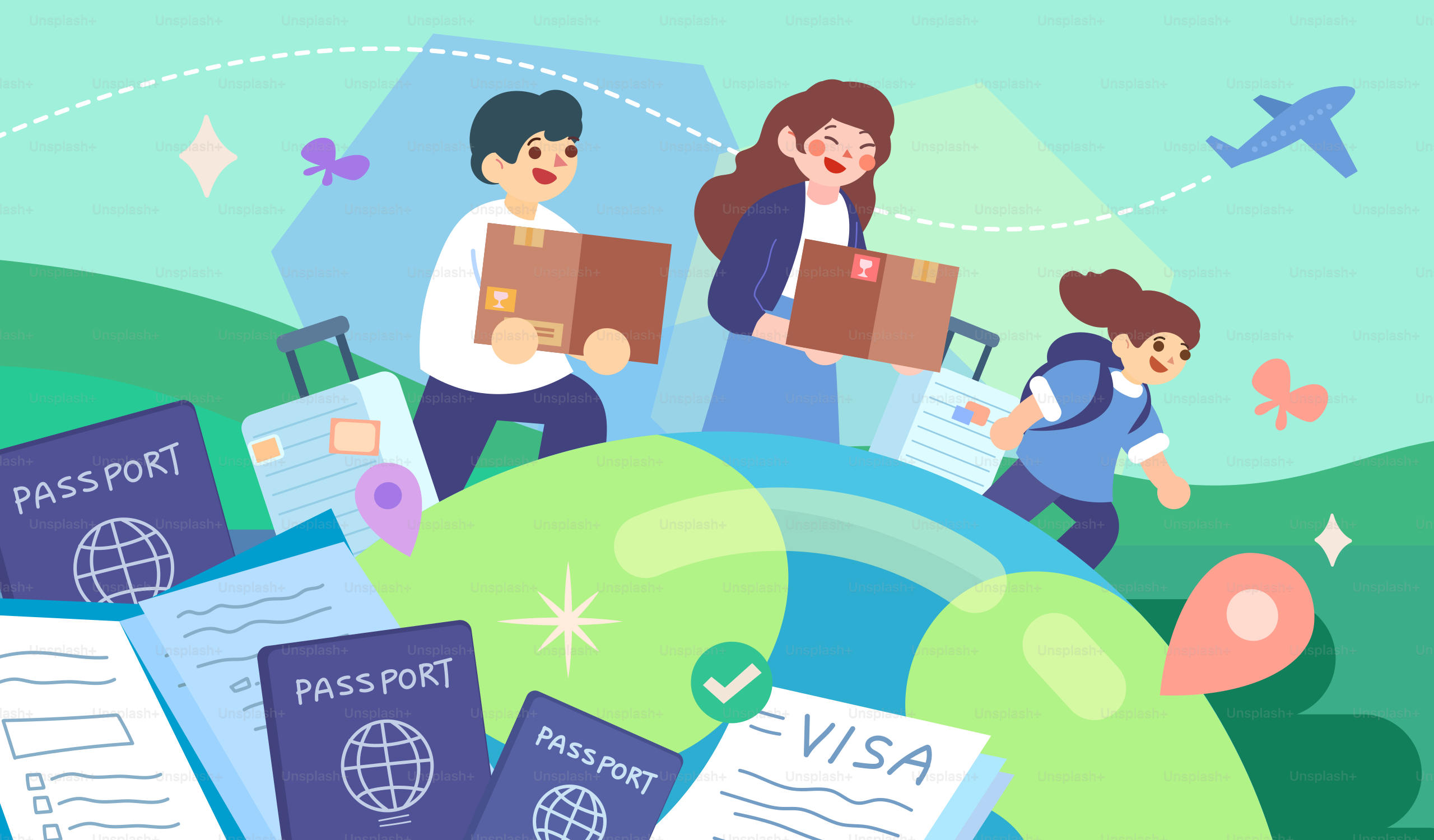Família com passaportes e bagagens para viagens internacionais.