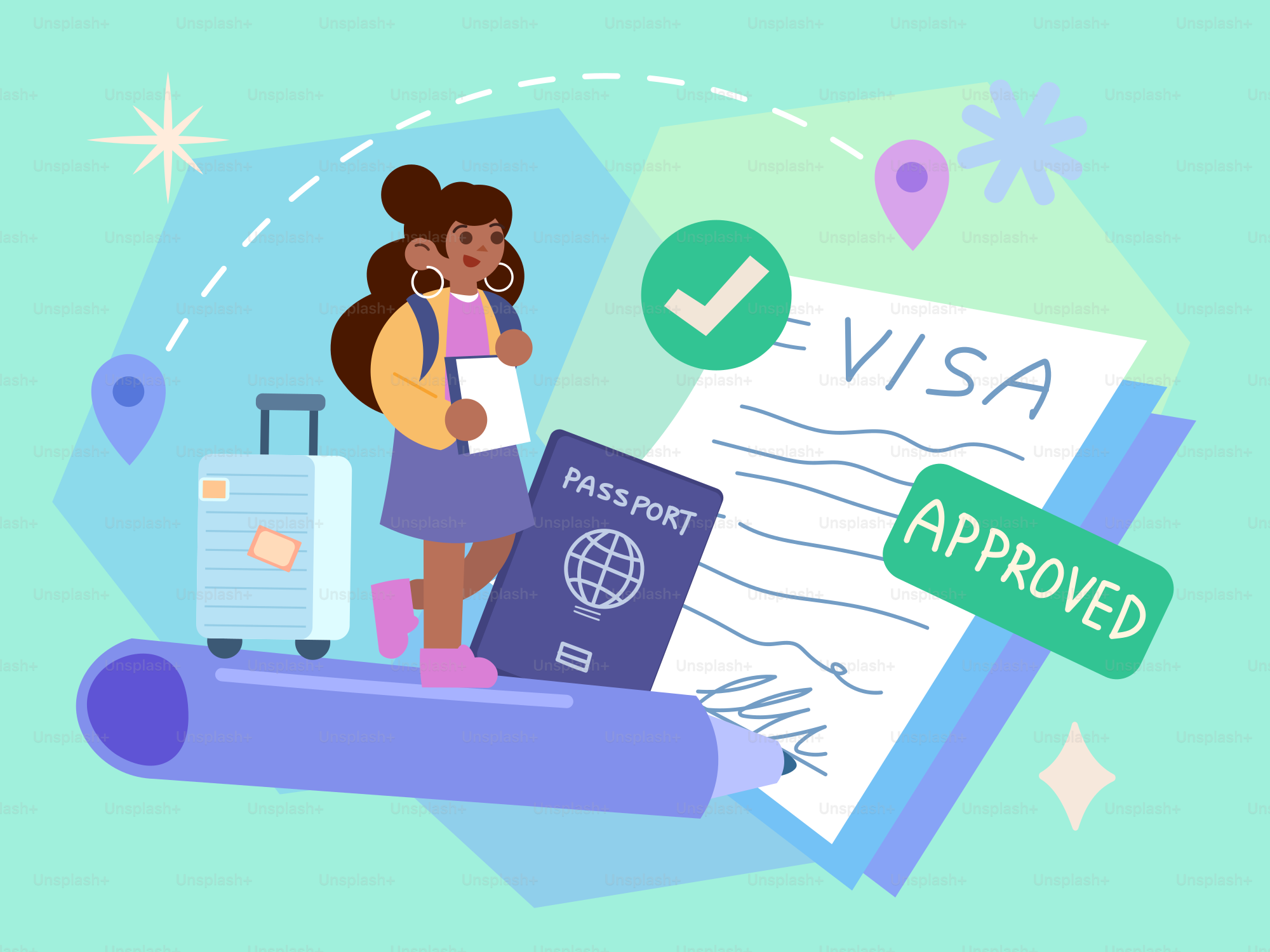 Uma mulher com bagagem, passaporte e um documento de visto aprovado.