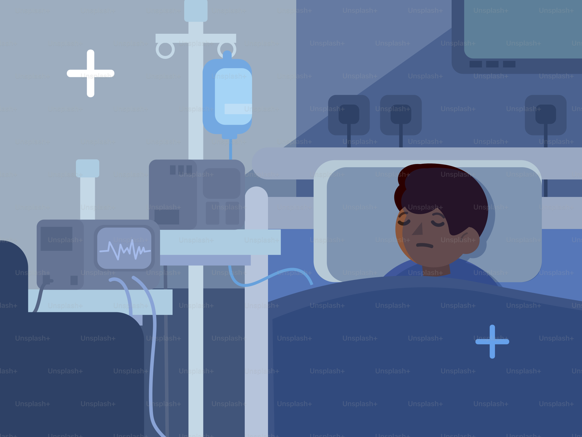 Menino dormindo em um quarto de hospital com monitores médicos.