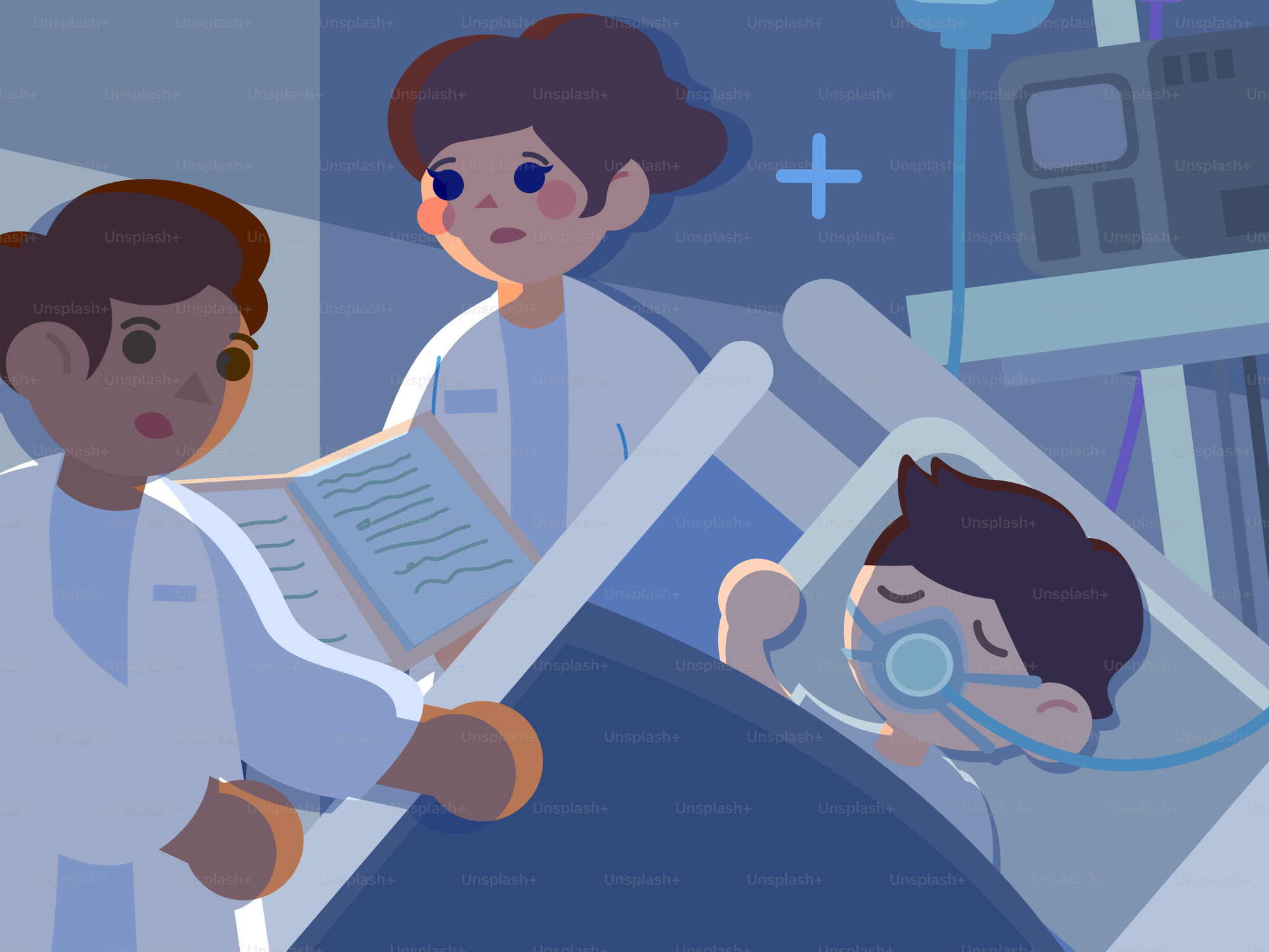 Dois médicos observam um paciente dormindo em uma cama de hospital.