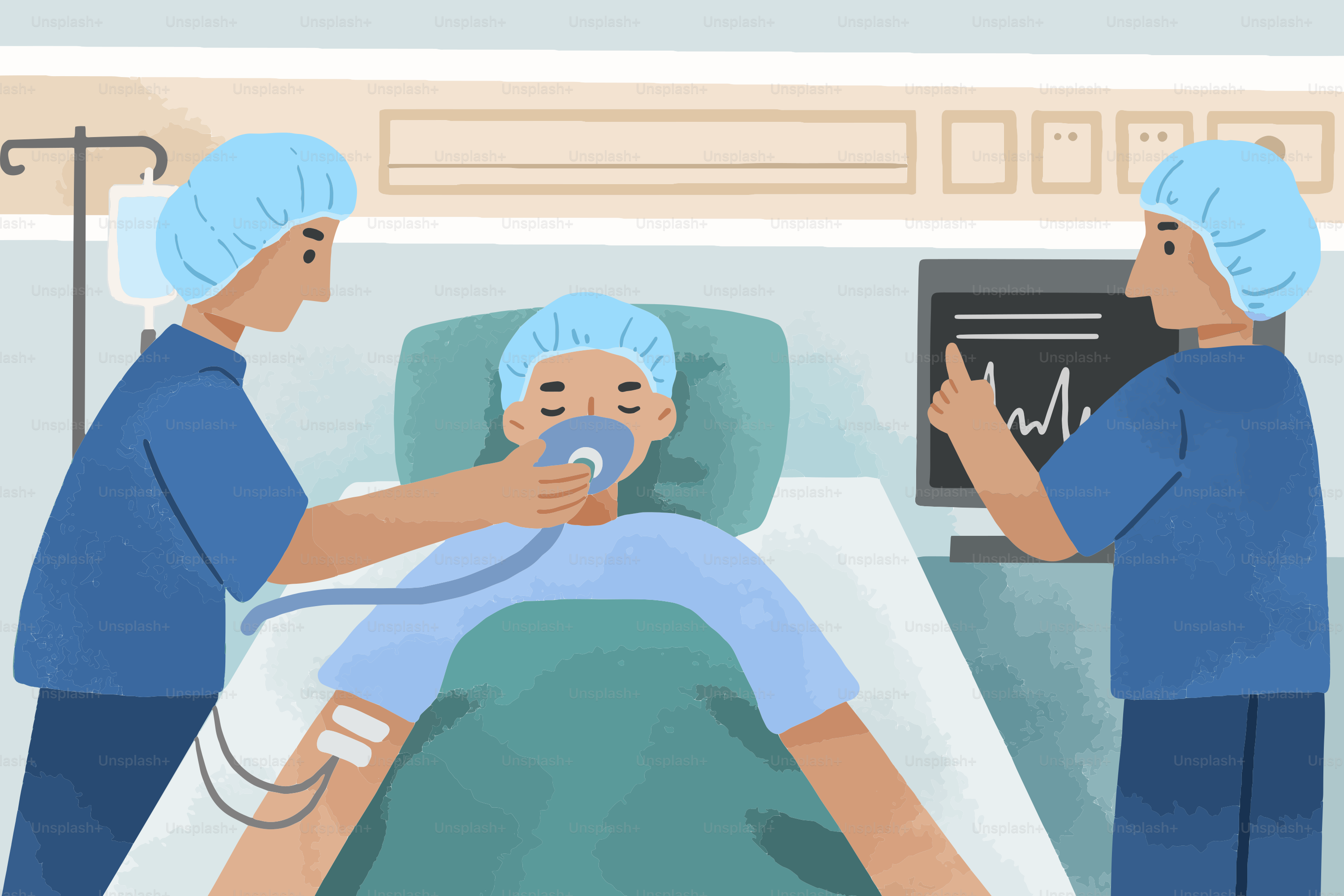 Medical staff monitoring patient with oxygen mask in hospital