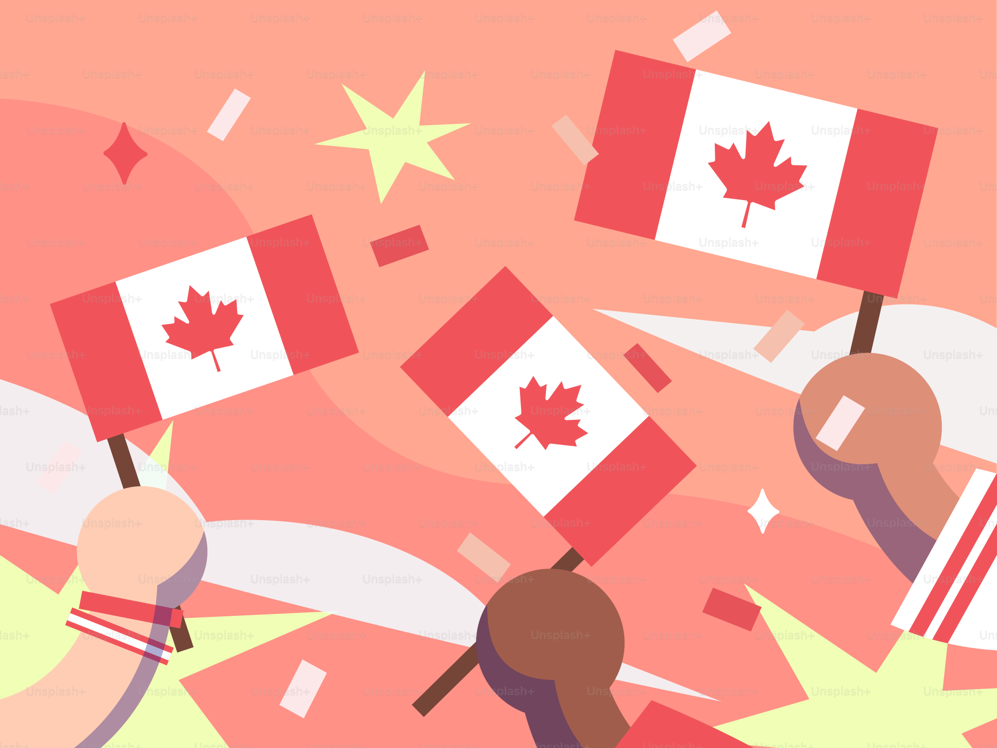 Des mains tenant des drapeaux canadiens avec des confettis et des étoiles.