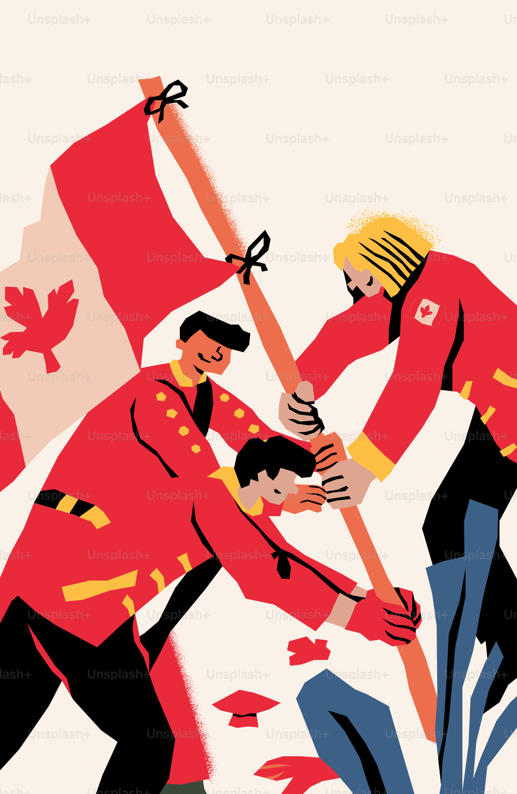 Trois personnes en uniforme rouge brandissant un drapeau canadien.