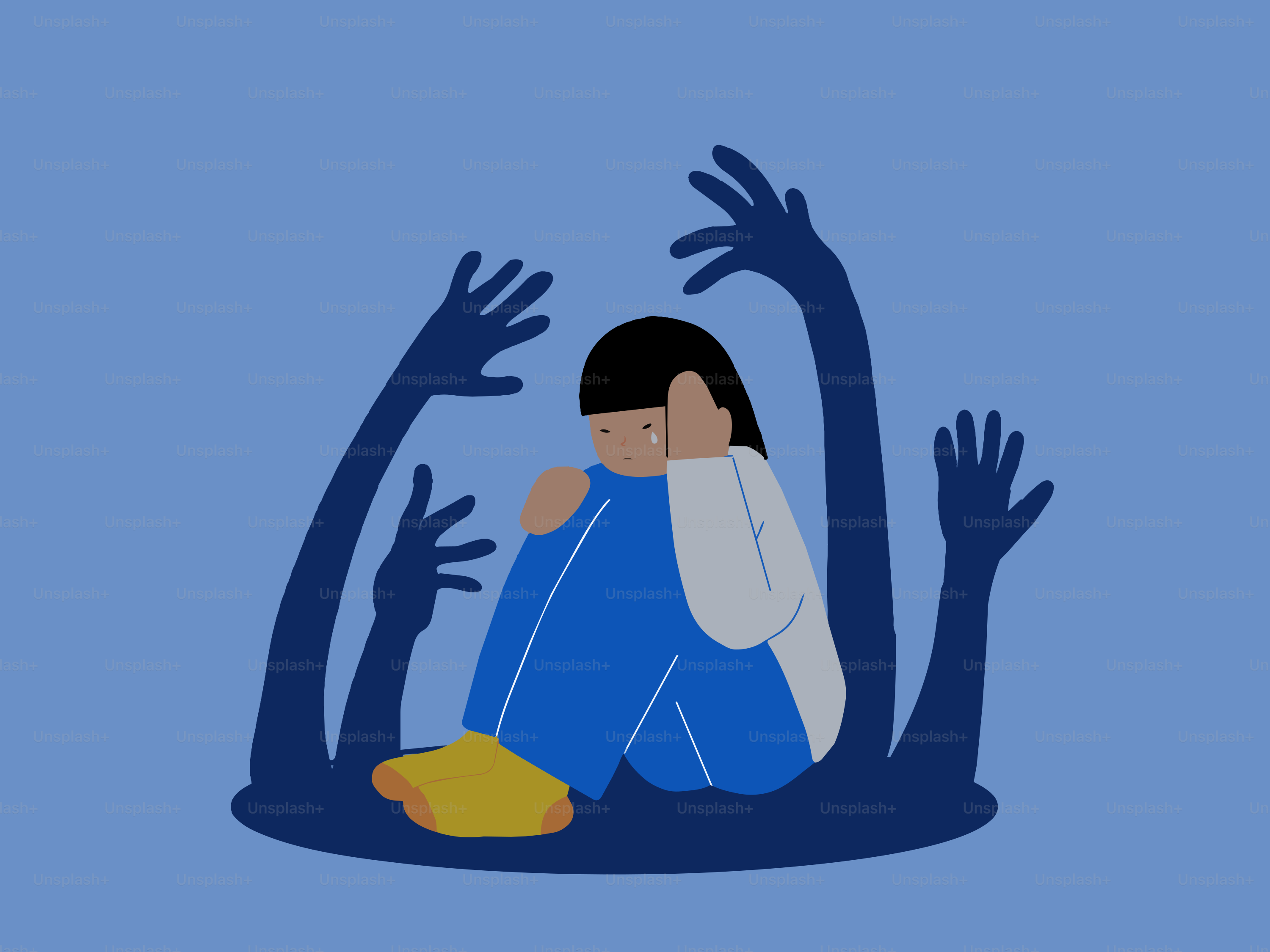 Persona llorando acurrucada, rodeada de manos oscuras y extendidas.