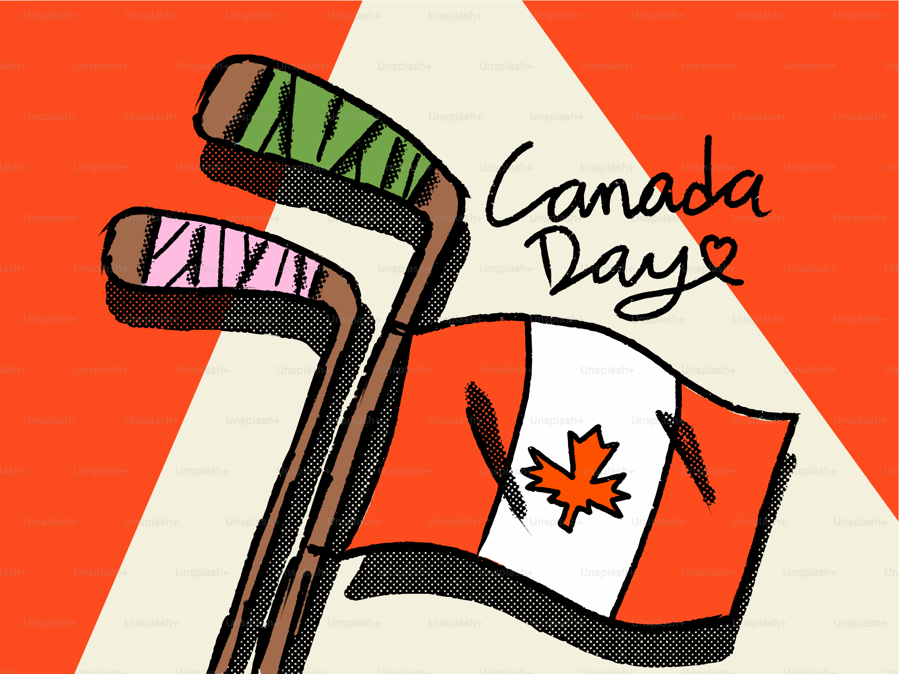 Drapeau canadien illustré et bâtons de hockey pour la fête du Canada.
