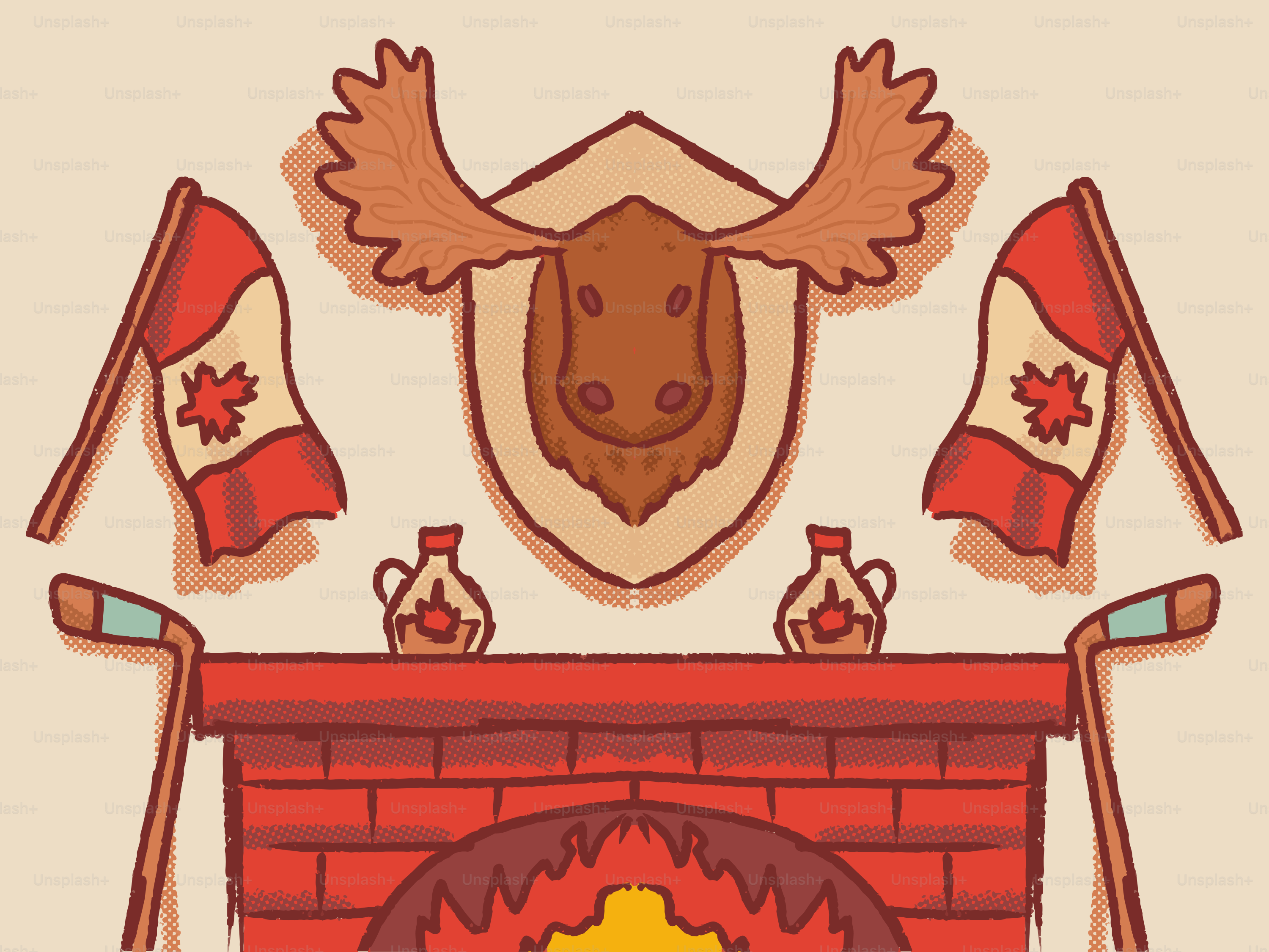 Cheminée à thème canadien avec tête d’orignal, drapeaux et sirop d’érable.
