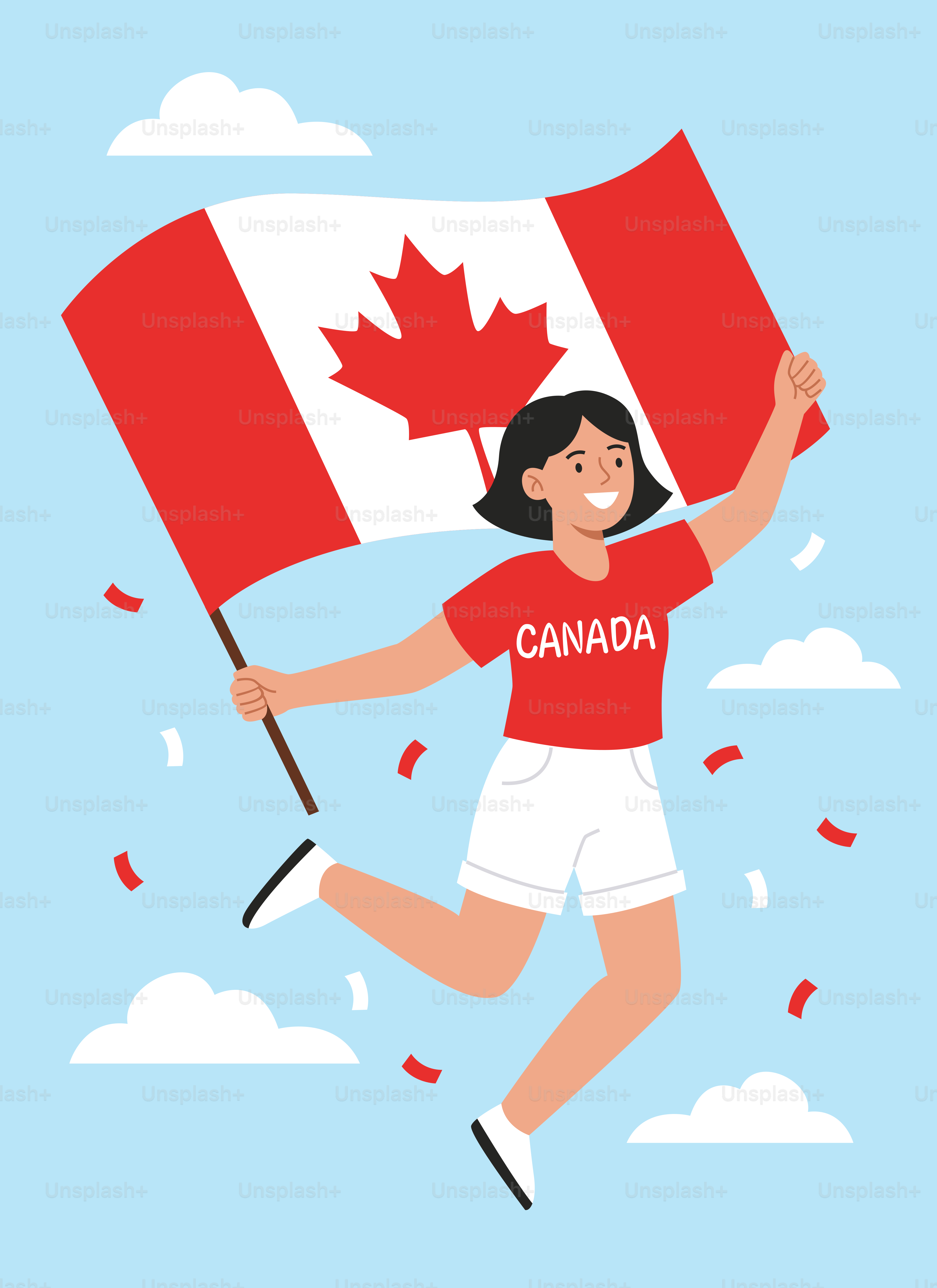 Uma mulher sorridente salta segurando uma grande bandeira canadense.