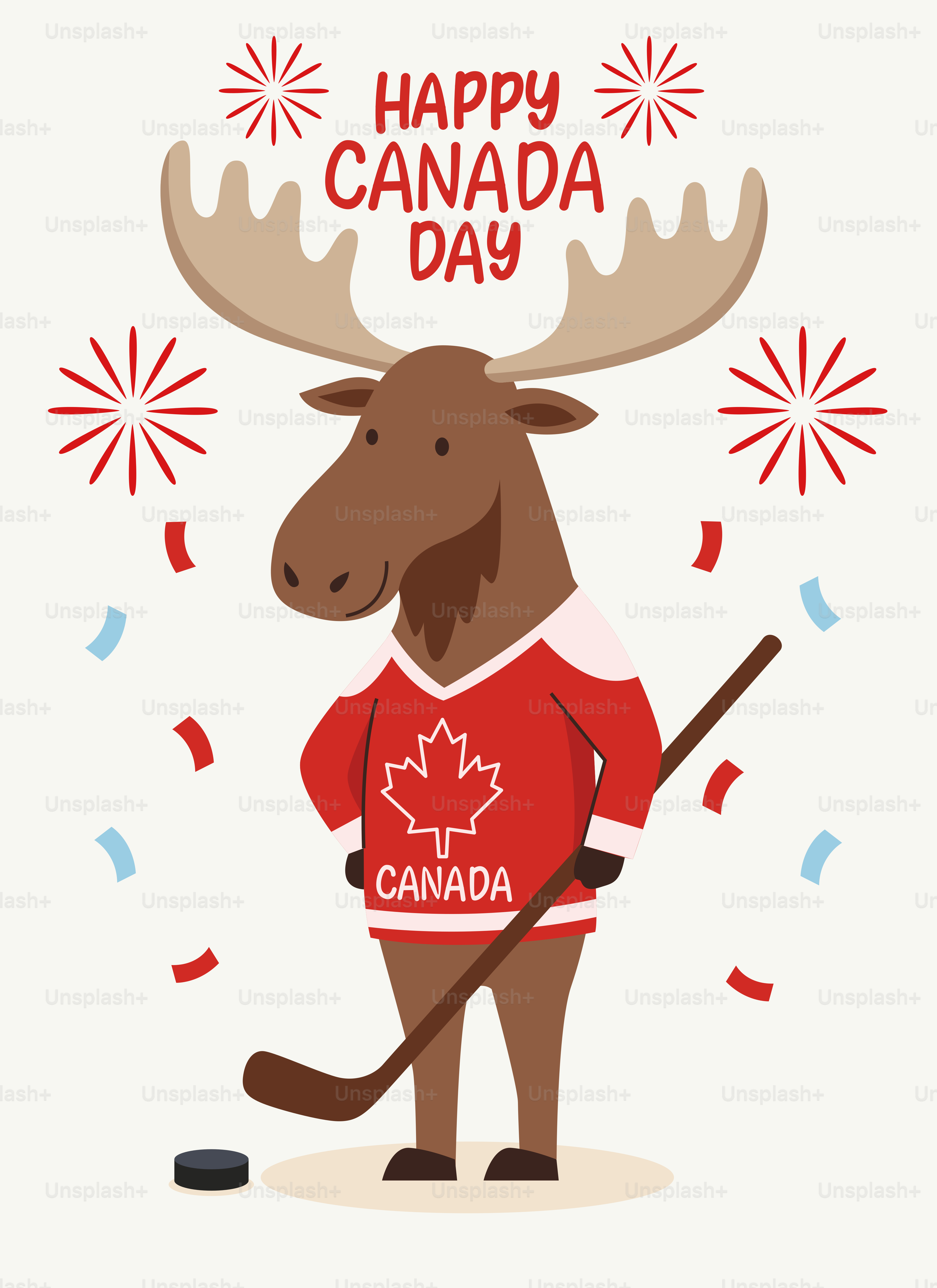 Alce de desenho animado com camisa de hóquei celebra feliz Dia do Canadá.